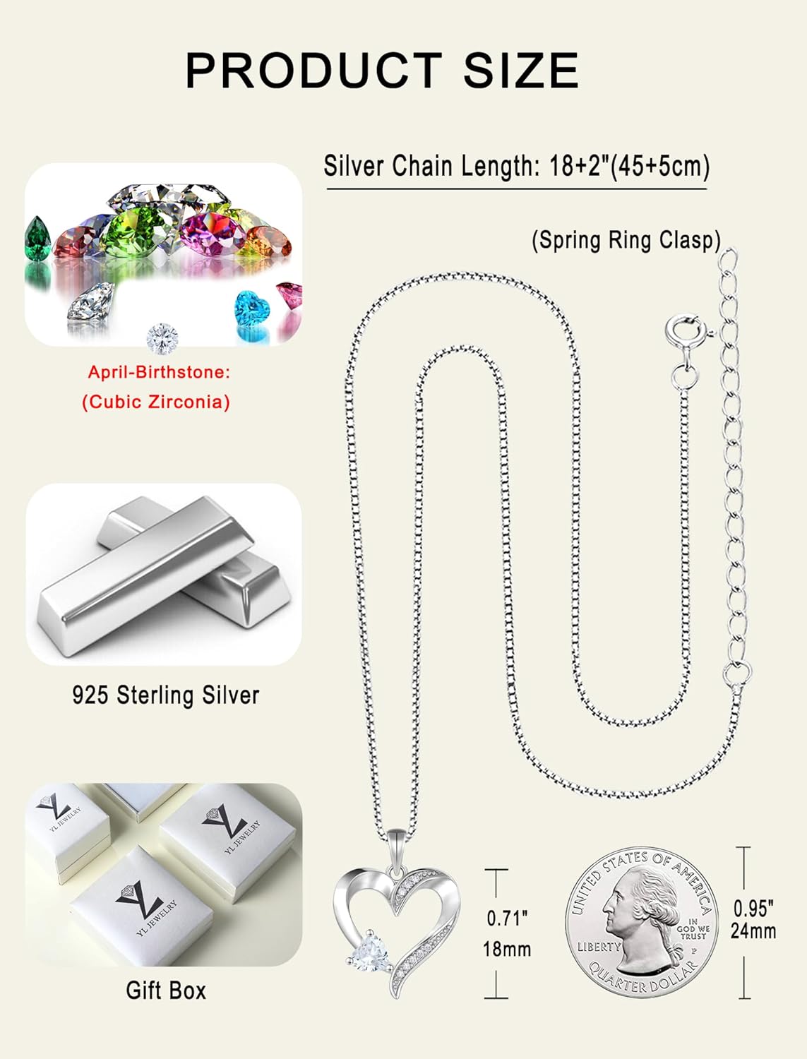 YL Heart Necklace 925 Sterling Silver Love Heart Pendant Birthstone Jewelry for Women - Image 6