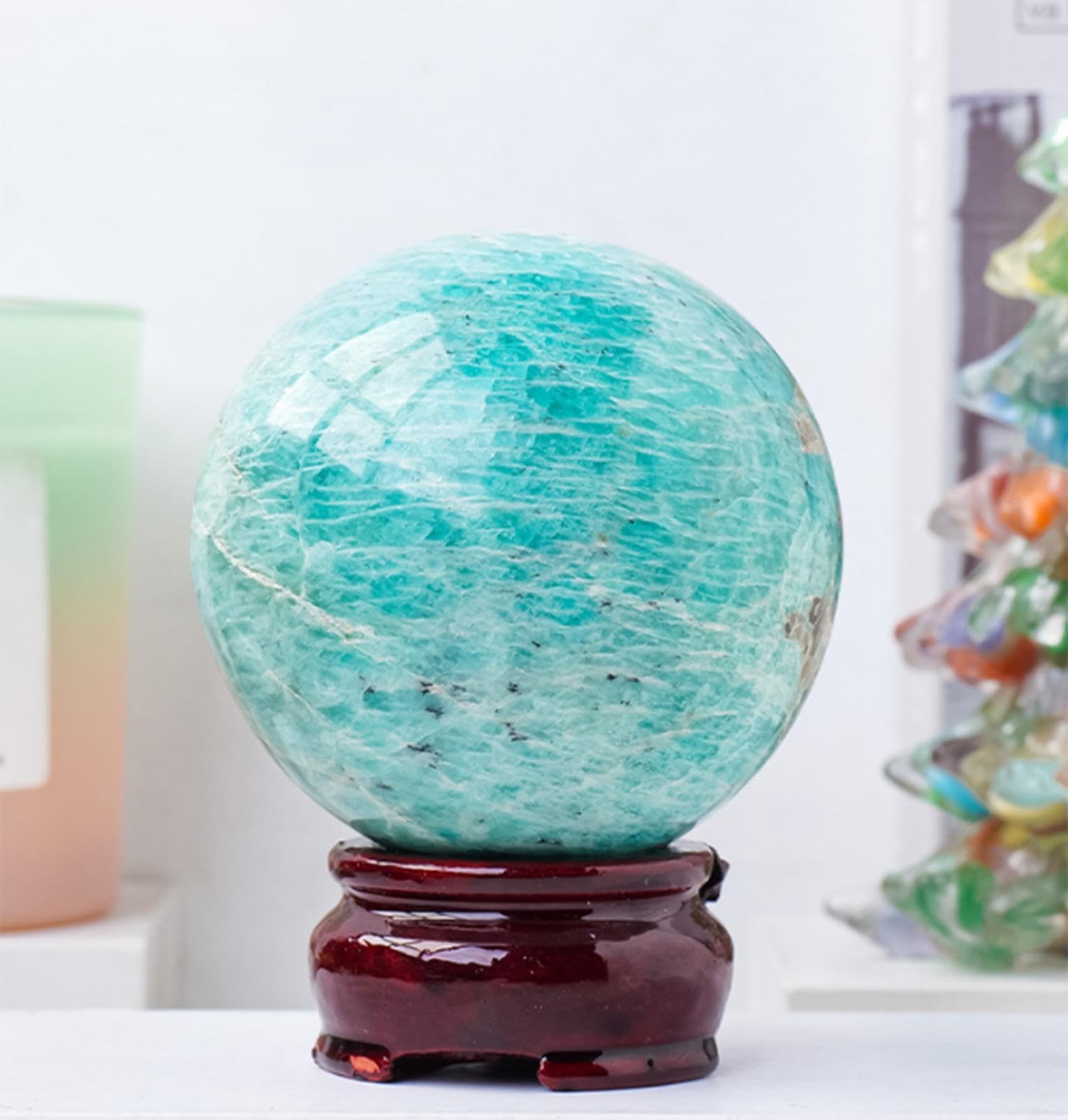 Naturalny Amazonit Feng Shui Mineralny Kamień Szlachetny Kula Uzdrawiająca Kryształowa Kula Rzeźba Figurka Z Drewnianym Stojakiem Do Dekoracji Wnętrz Wróżbiarstwo,75-80mm