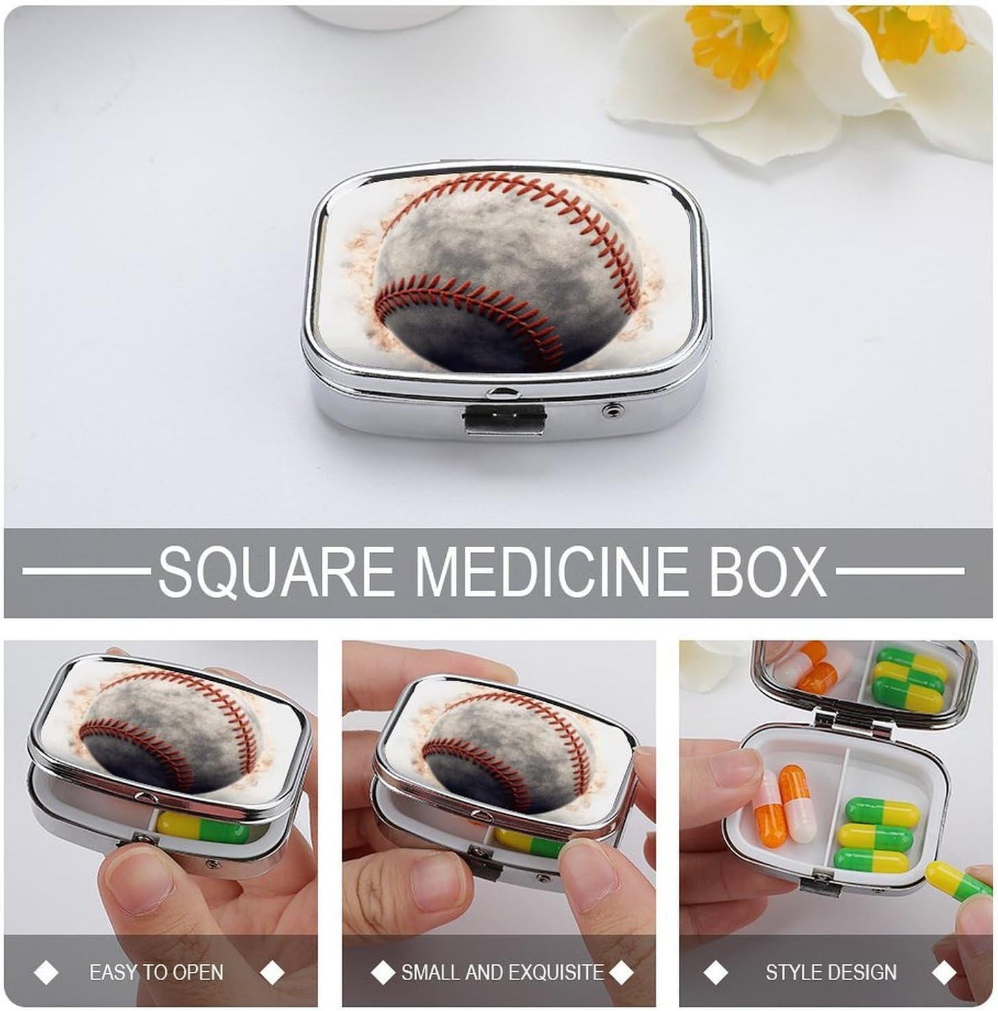 Baseball Square Pill Case, Metal Pill Organizer image 4