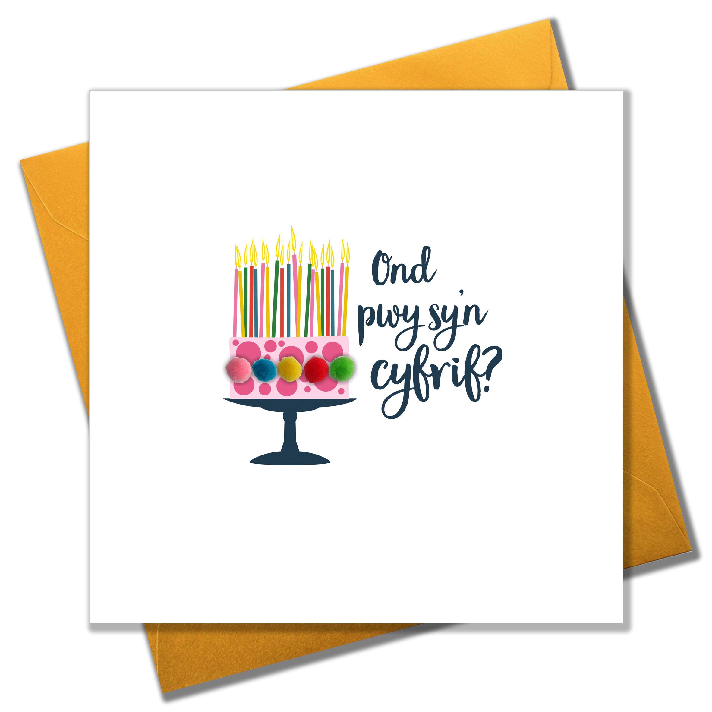 Claire Giles Greeting Cards, Welsh Happy Birthday Card, Penblwydd Hapus, "Who's Counting?" Pompom Embellished