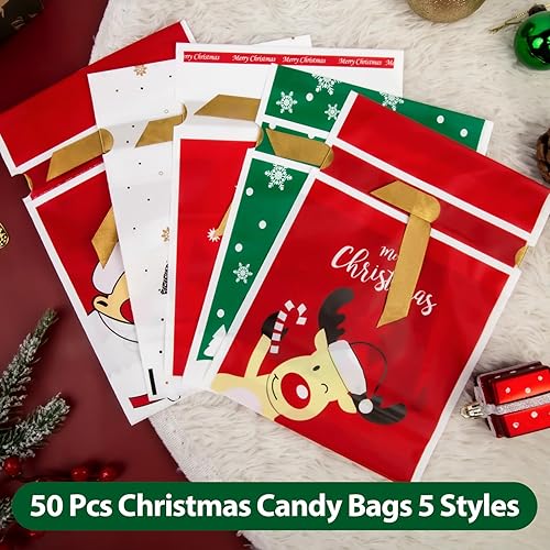 Miniatura 6 de Ouddy Mode Paquete de 50 bolsas de regalo de Navidad, renos, Papá Noel, patines de hielo, bolsas de dulces de Navidad, bolsas de galletas con cordón