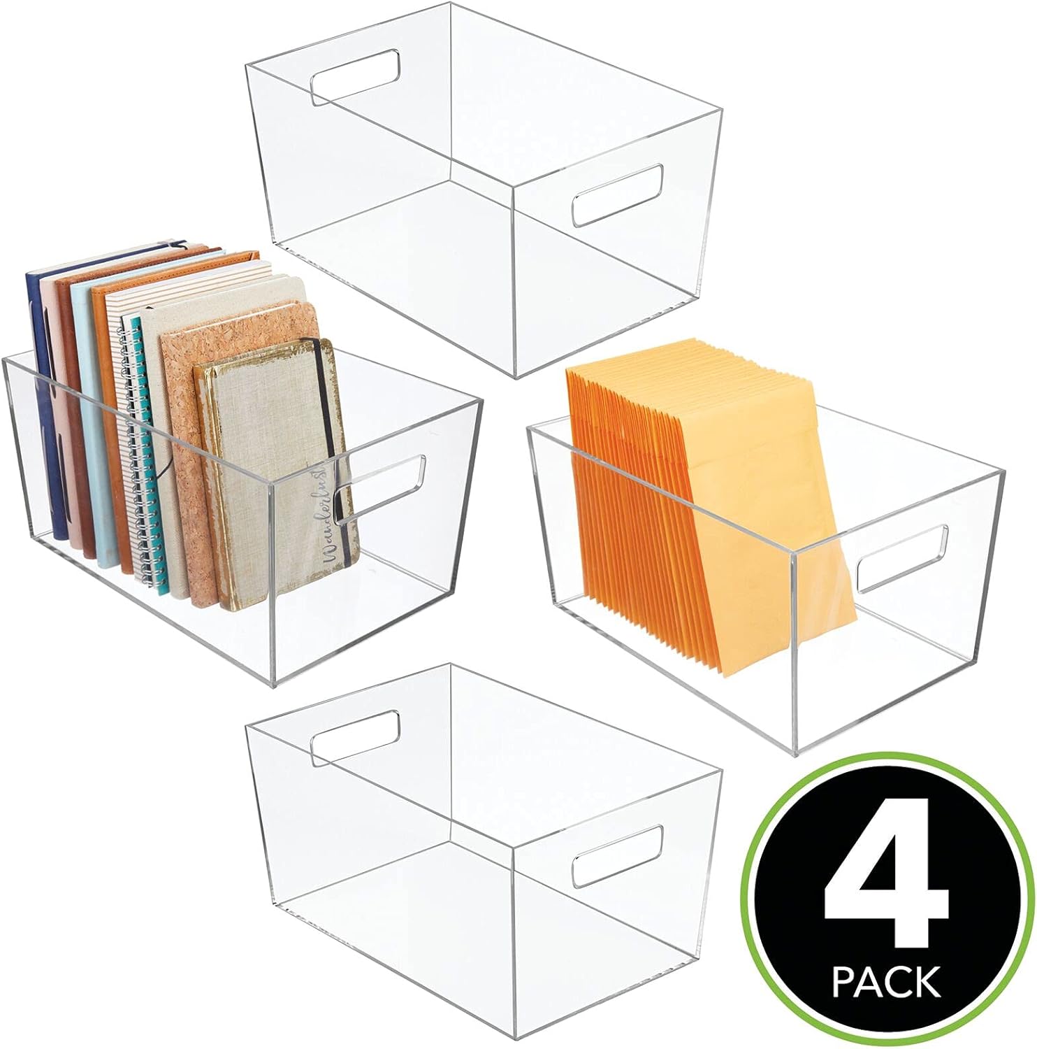 mDesign Plastic Storage Bin with Handles for Office, Desk, Book Shelf, Filing Cabinet - Organizer for Sticky Notes, Pens, Notepads, Pencils, Supplies - 4 Pack - Clear: Home & Kitchen