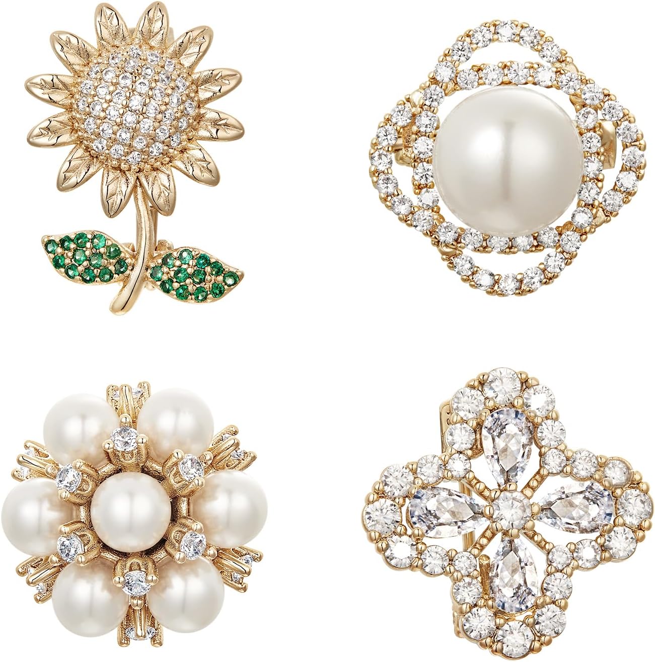 Vintage Brooch Pin for Women Gold Crystal Rhinestone Brooch Sunflower Lapel Pin Baroque Pearl Bouquet Four-leaf Clover pins and brooches jewelry, SHE'S FREE STYLE JUST FOR YOU Metal Plating Process Safety pins - Image 5