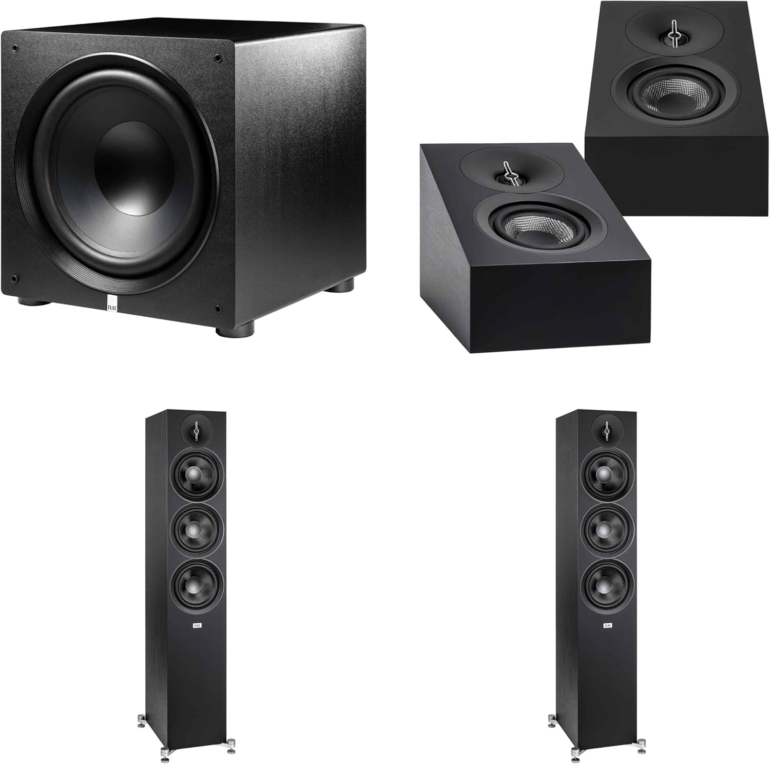 ELAC DF63-BK - Debut 3.0 6.5" Floor Speaker - Black (Pair), DA43-BK Debut 3.0 - DA43-BK Atmos/On Wall Speaker, PS500 Subwoofer