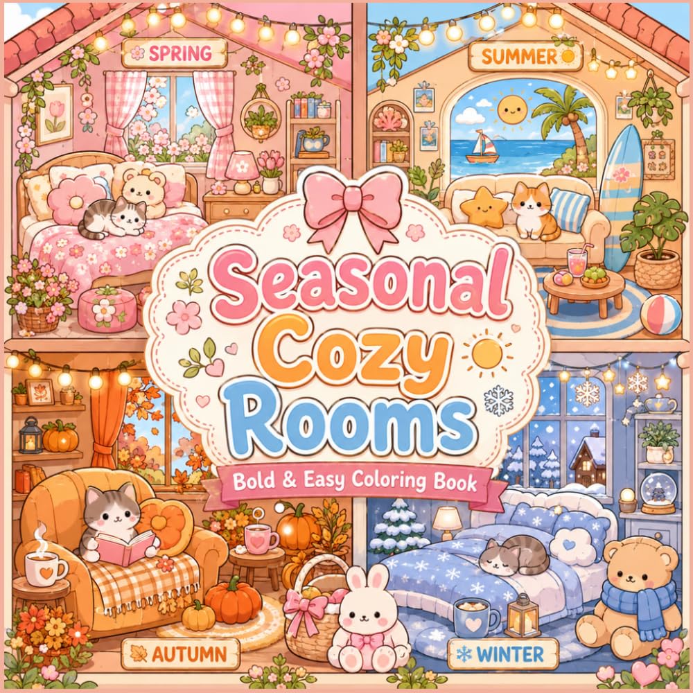 Seasonal Cozy Rooms Coloring Book: Bold & Easy Kawaii Spaces for Every Season