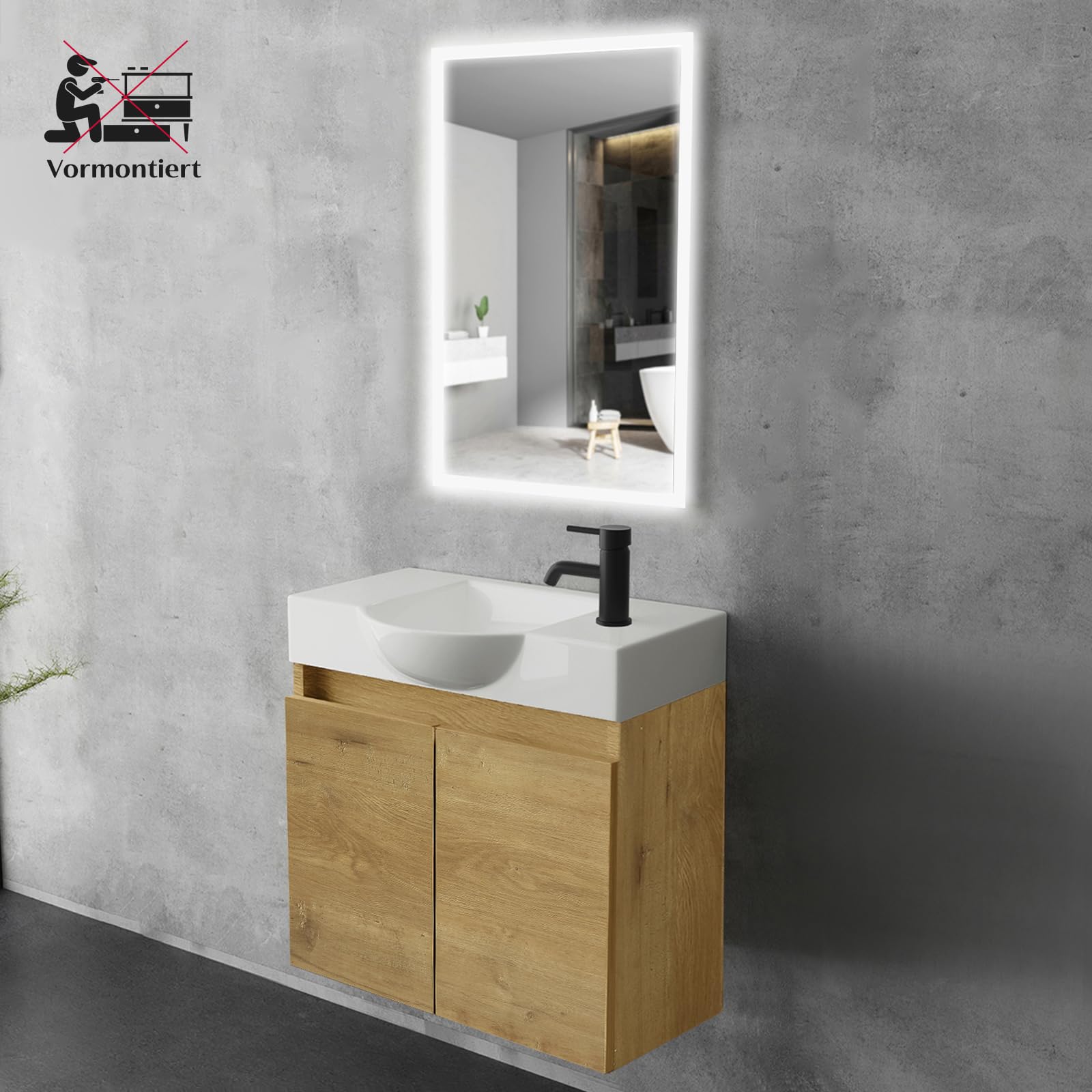 Alpenberger - Lavabo con mobiletto, larghezza 55 cm, lavabo con mobiletto da bagno, moderno set | piccolo lavandino per ospiti, mobiletto da bagno (rovere naturale)
