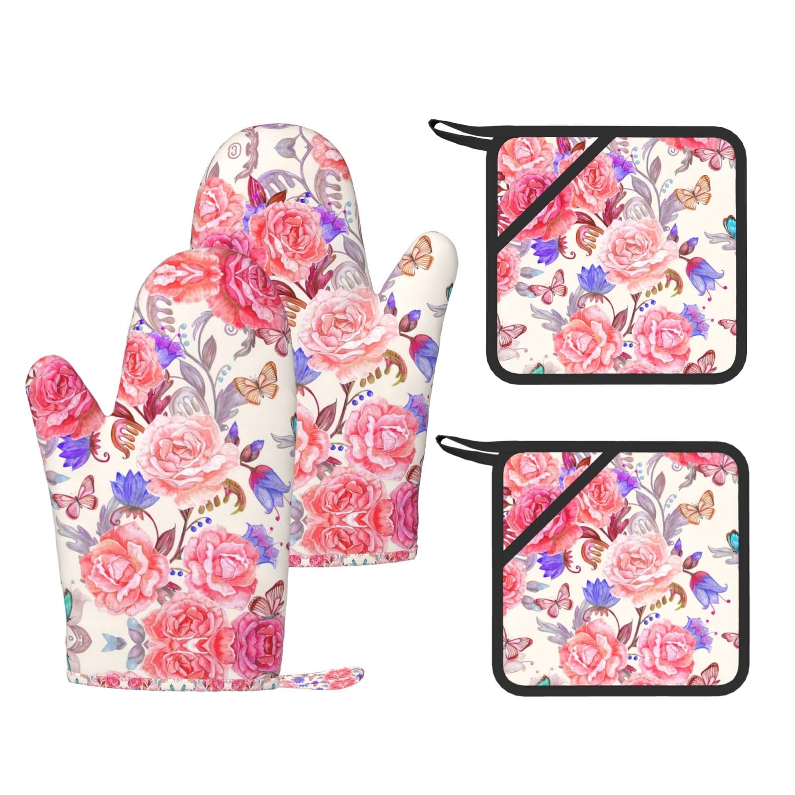 Flower Rose Butterfly Trendy Printed Kitchen Set with Heat Resistant Gloves & Non-Slip Hot Pads for Baking & Grilling