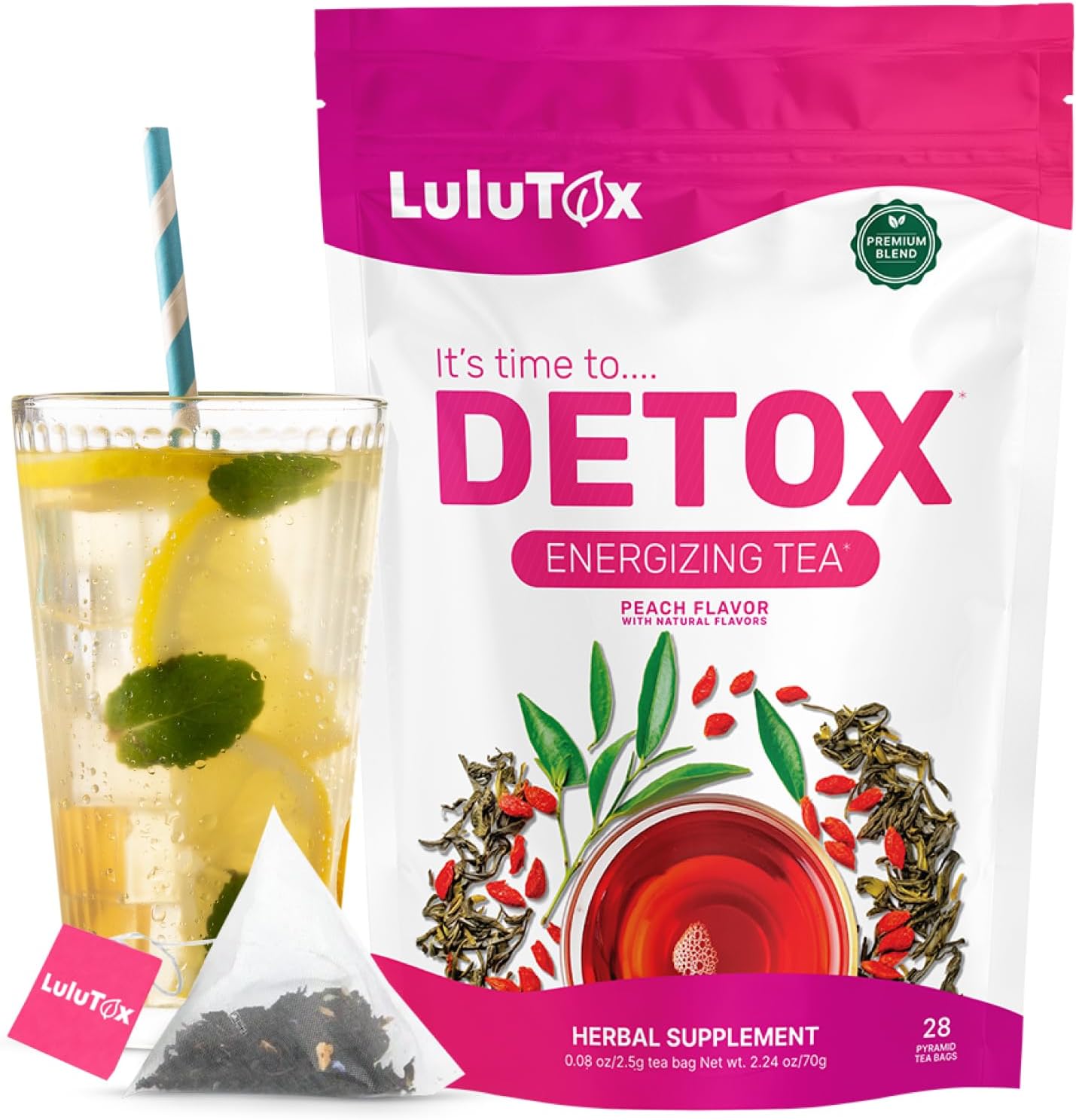 LULUTOX Original Detox Tea - Herbal Blend with Dandelion, Ginseng, and Ginger - Supports A Healthy Weight, Digestive Health - Vegan, All Natural, Laxative-Free - Peach Flavor (28 Servings)