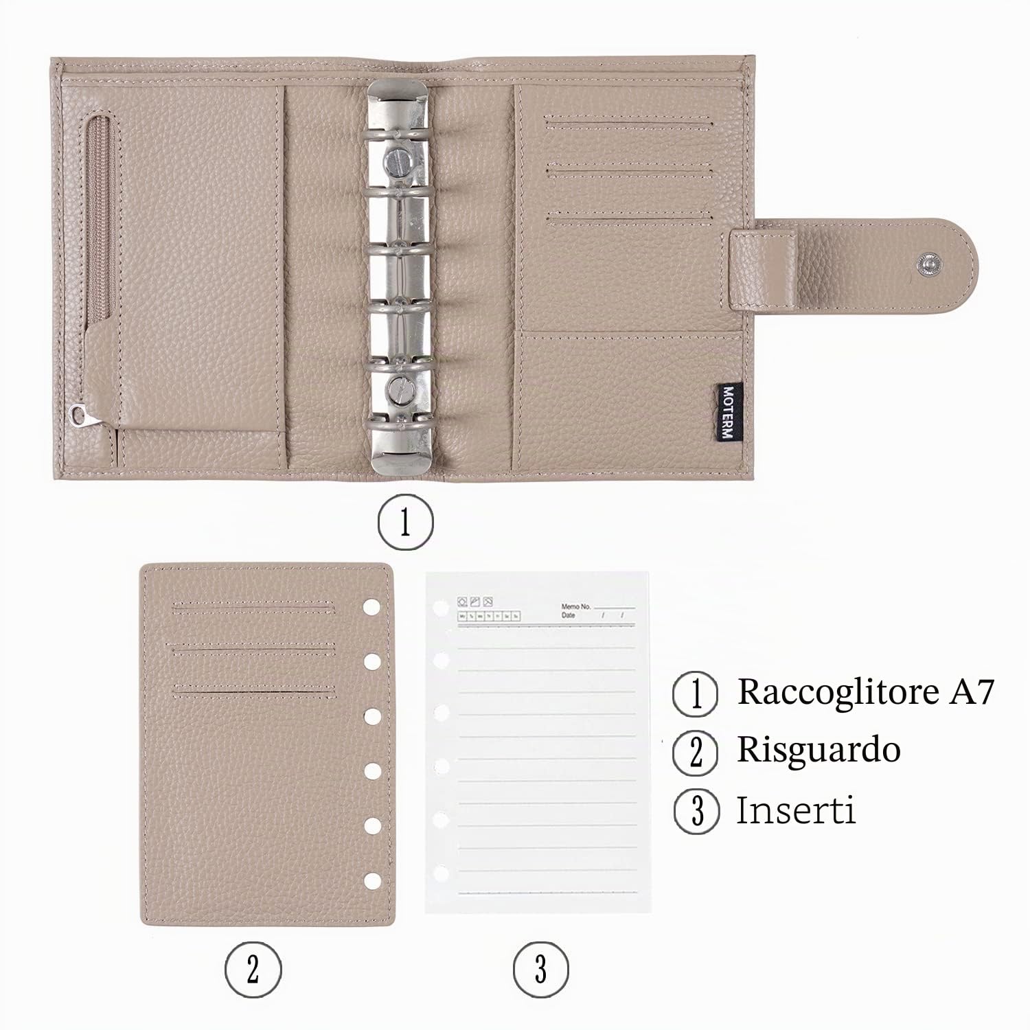 Moterm Agenda Tasca con Anelli Regolare - Organizzatore Raccoglitore in Vera Pelle (Grigio Talpa, Anello da 19 mm)