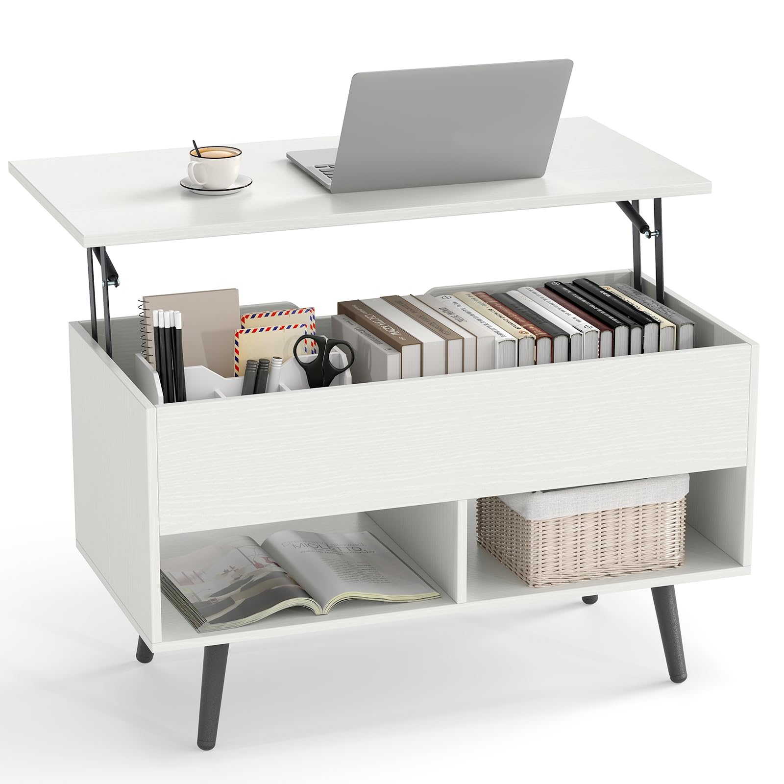 GIANTEX Mesa de Centro Elevable y Extensible, Mesa de Café de Madera con Espacio de Almacenamiento Oculto y 2 Estantes Abiertos, Mesa Auxiliar Rectangular para Salón, Oficina (Blanco)