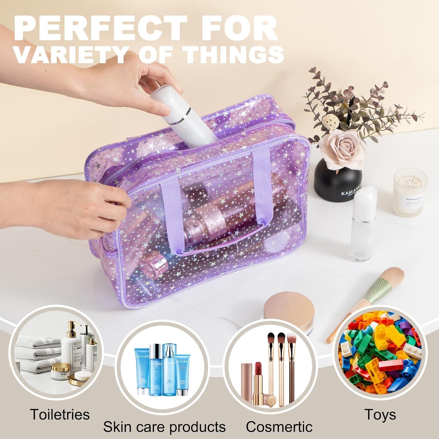 PVC Clear Makeup Bag for Women Waterproof Star Make Up Bag Toiletry Bag Travel Durable Cosmetic Bag Large Cute Tote Bag Organizer Makeup Pouch, Purple - Image 3