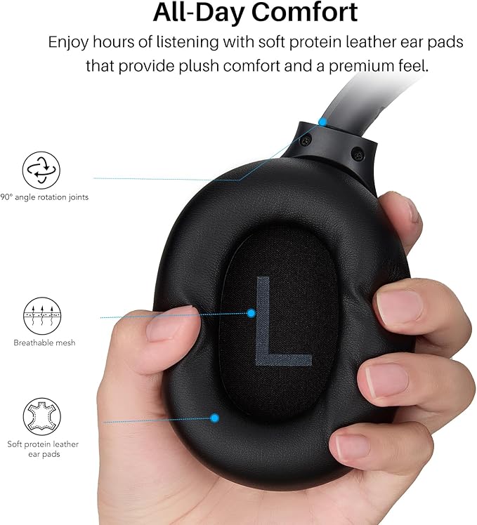 TOZO HT3 Hybrid Noise Cancelling Headphones, 90H Playtime Wireless Over Ear Bluetooth Headset, Spatial Audio AI Chat with 5 Mics, Supports Dual Connection and USB-C Input, with 32 EQ Music Modes