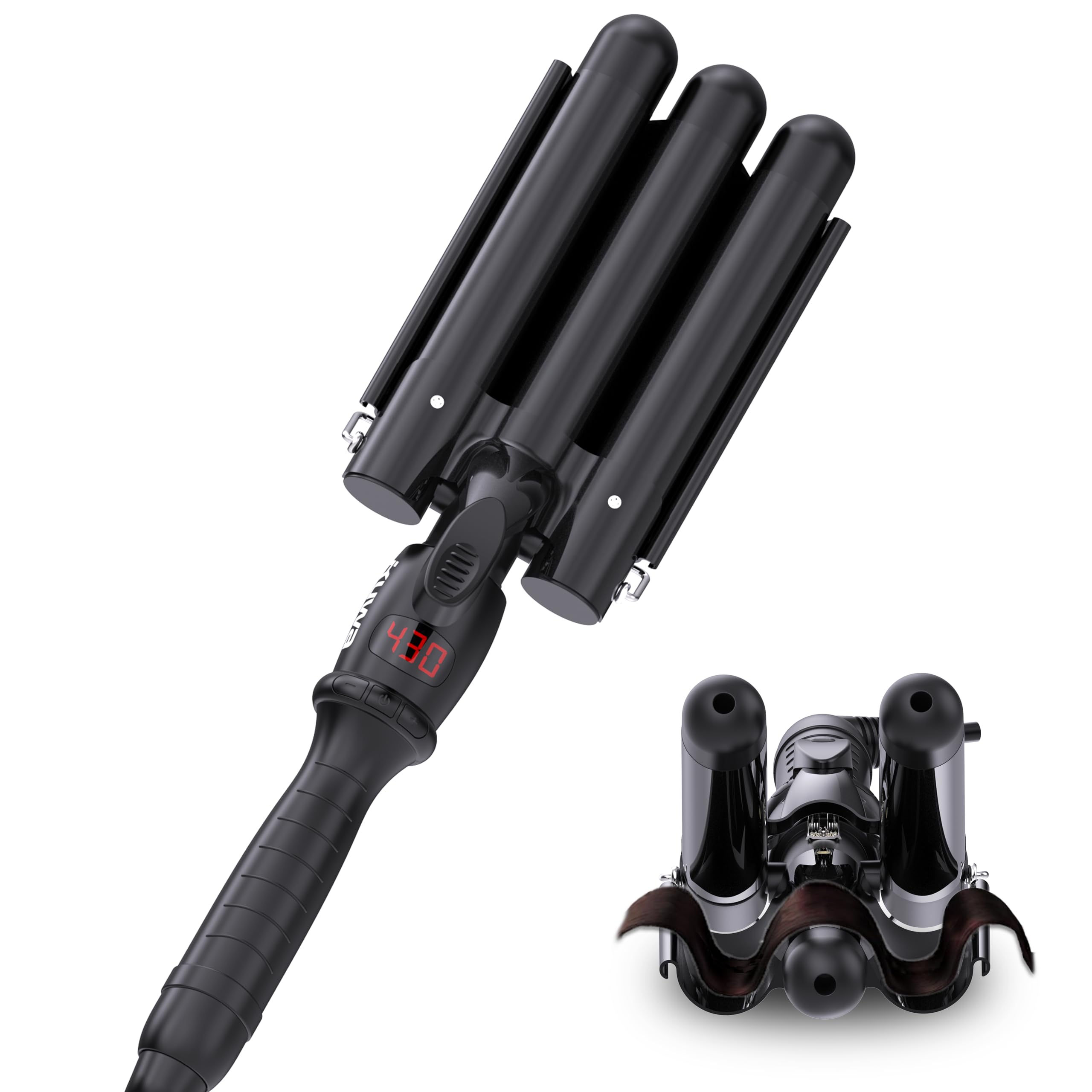kuwa Crimper Hair Tool,15 Variable Temperature Beach Waves Curling Iron,3 Barrel Curling Iron,Hair Crimper for Women,HairWaver with LCD Temperature Display