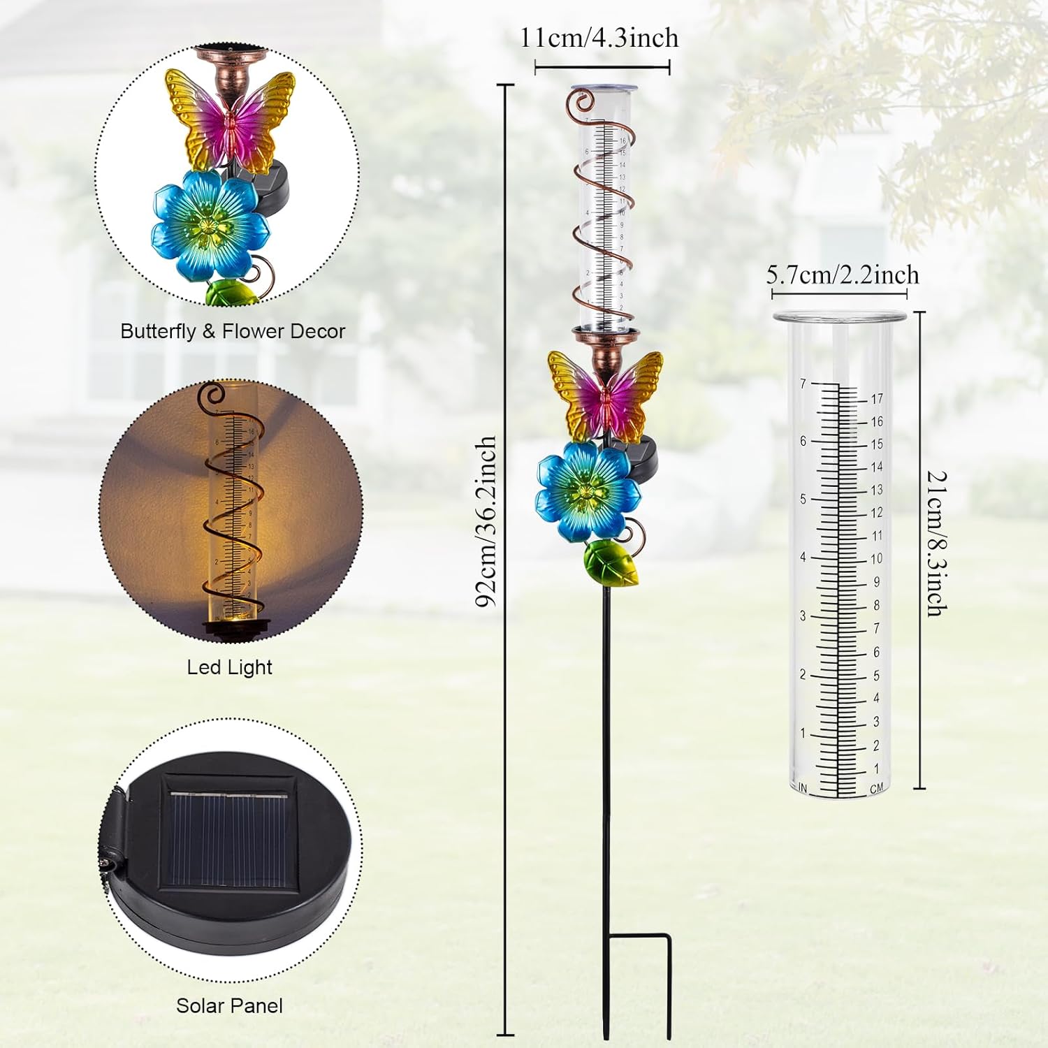 Rain Gauge Outdoor, Solar Rain Gauges for Yard, Freeze Proof Rain Gauge with 7" Plastic Tube, Butterfly Metal Decorative Garden Stake with Led Light, Blue
