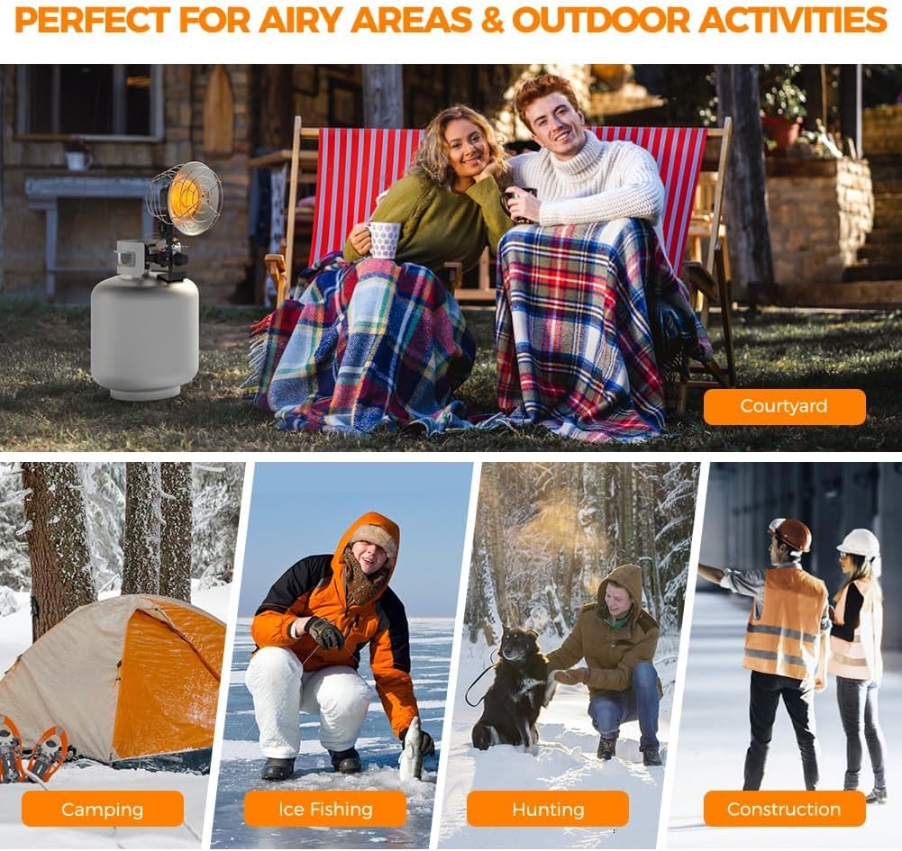 CAMPLUX Tank Top Propane Outdoor Heater 15,000 BTU, Single Burner Radiant Outdoor Heater with Tip-Over, 3 Adjustable Heat Modes with CSA Valve & Regulator for Garage, Camping, Hunting, Fishing, Patio