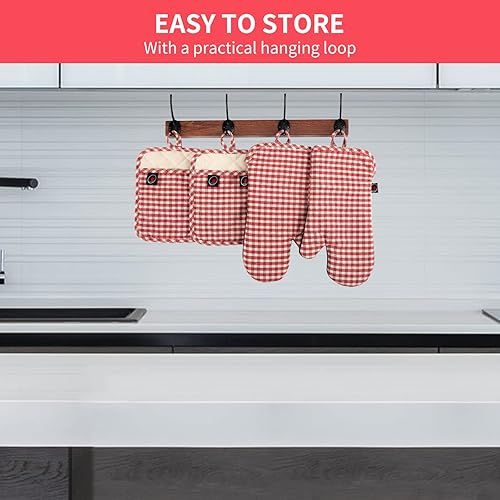 Miniatura 7 de Juego de guantes de horno y soportes para ollas, 4 piezas de guantes de horno de cocina resistentes al calor de 400 F para cocina, guantes de horno