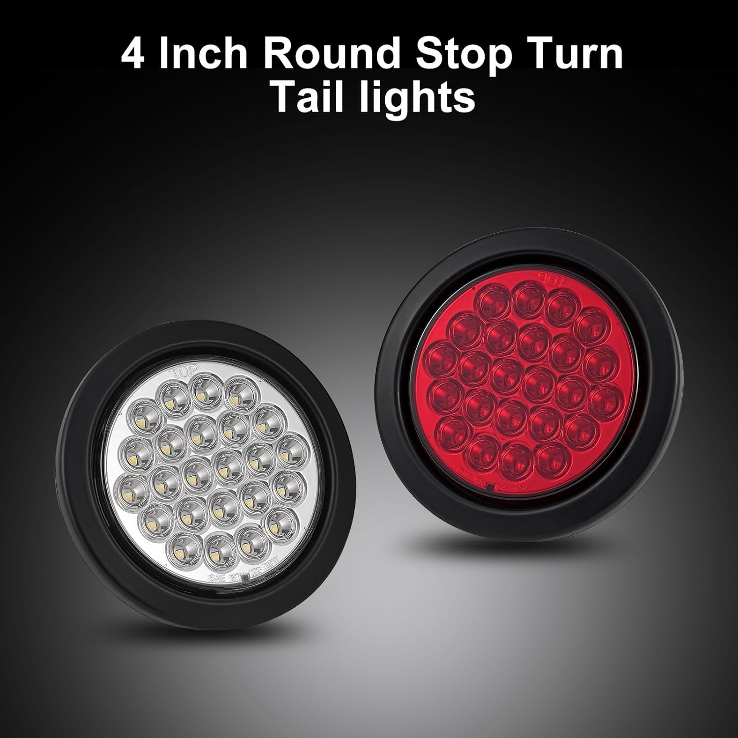 6Pcs 4 Inch Round LED Trailer Tail Lights 24 LED Red Stop Turn Tail Lights Brake Trailer Lights White Backup Reverse Lights w/ 3-Prong Wire Pigtails for Trucks IP67 Waterproof 12V