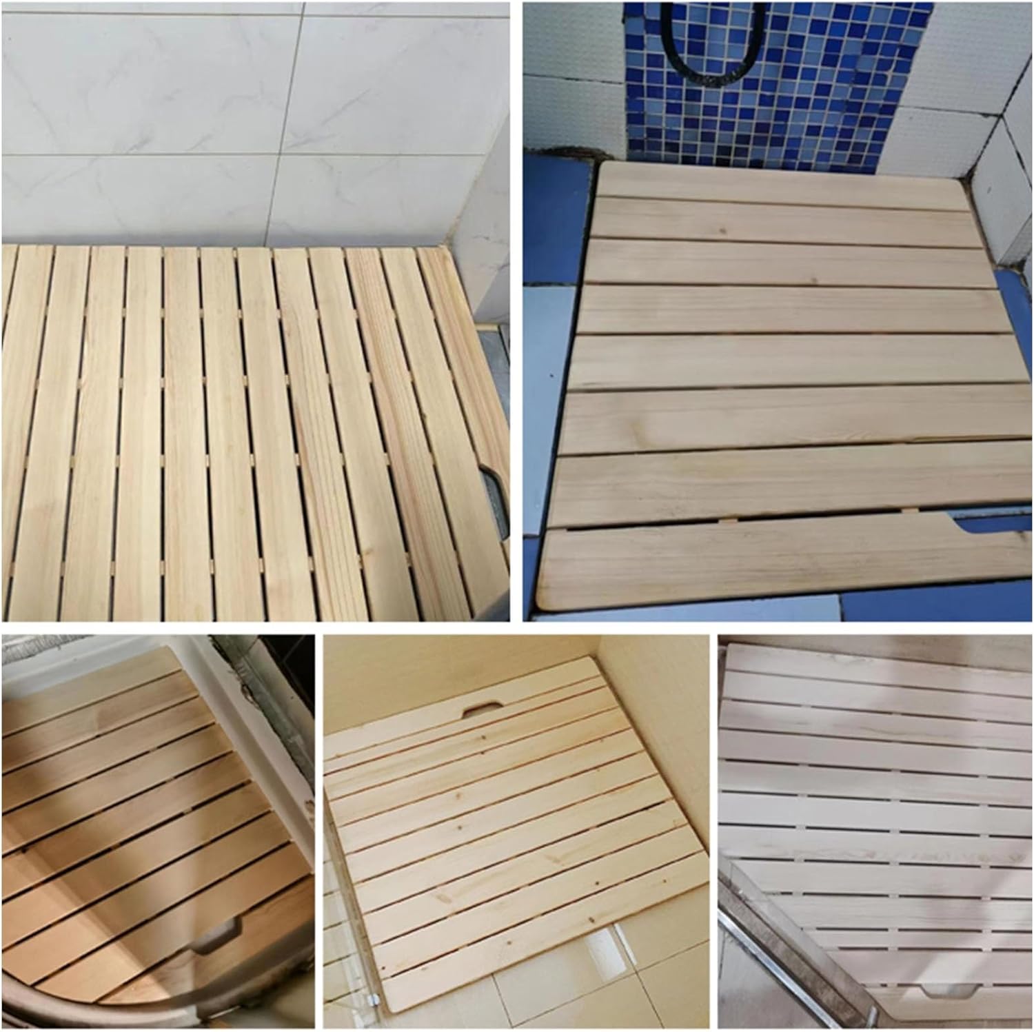 木製バスマット 環境に優しいペイントバスルームマット、滑り止めフットパッド付きの無垢材防水シャワープラットフォーム、長方形の頑丈なフ