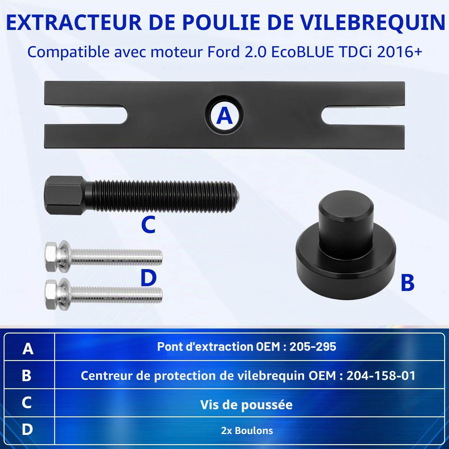 ZKTOOL Extracteur de poulie de vilebrequin, extracteur de poulie d'amortisseur de vibrations, outil pour installer et démonter la poulie, compatible avec Ford 2.0 EcoBlue TDCi, OEM 204-158-01, 205-295