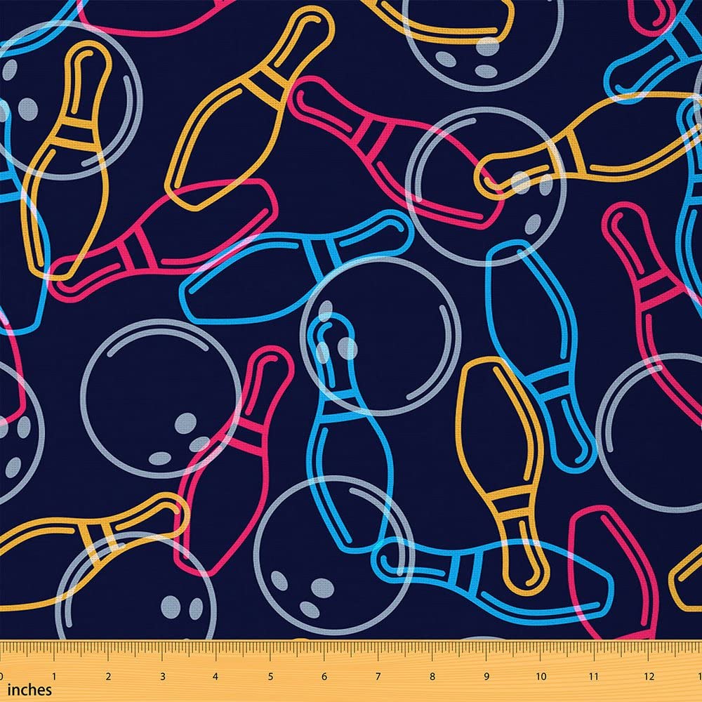 Bowling Fabric by The Yard Modern Bowling Balls Sports Theme Upholstery Fabric for Chairs and Home DIY Projects Bowling Pins Shoes Doodle Decorative Waterproof Fabric 2 Yards (L184*W150cm)