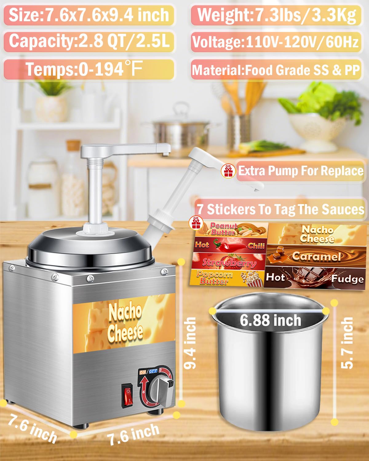 Dispensador de queso Nacho - Máquina de queso Nacho de 2,8 l con bomba, calentador de salsa caliente de acero inoxidable con ajuste de temperatura de 6 niveles, dispensador de jarabe para caramelo