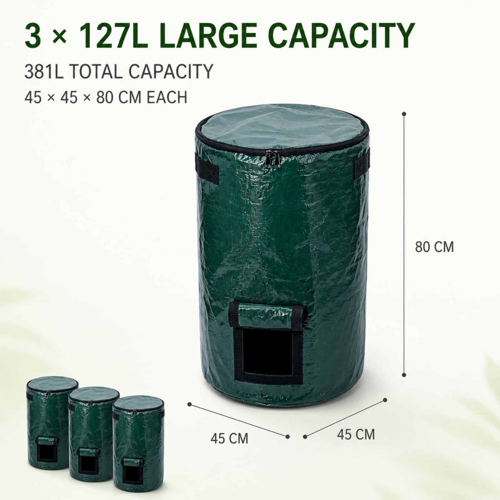 3 x 127 L Bolsas para Residuos de Jardín con Asas y Tapa | Stabile Gartensäcke und Laubsäcke, selbststehend und wiederverwendbar, mit verstärkten Griffen und Bodenöffnung
