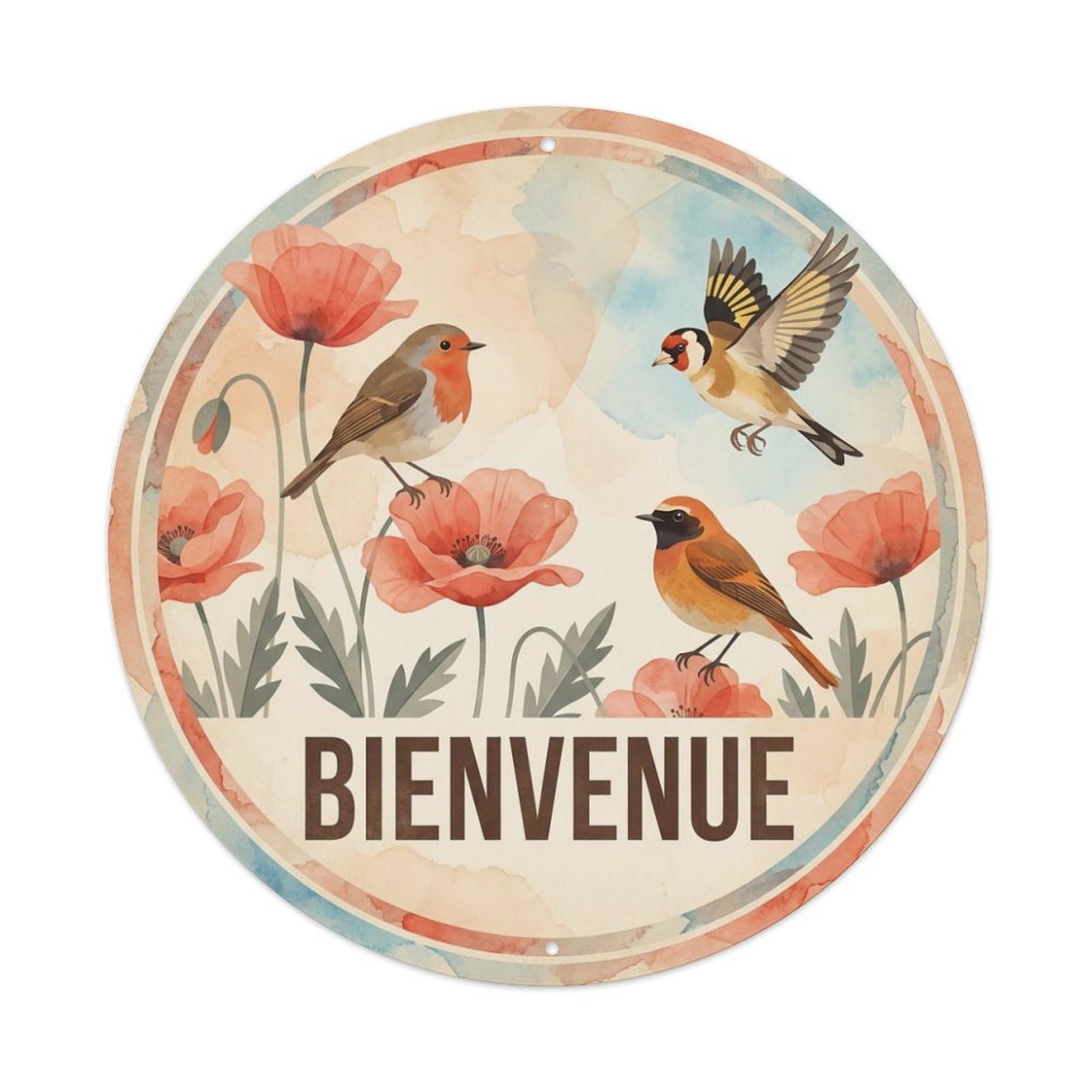 Watercolor Bird Slogan Bienvenue Shirley Poppy Metal Tin Sign
