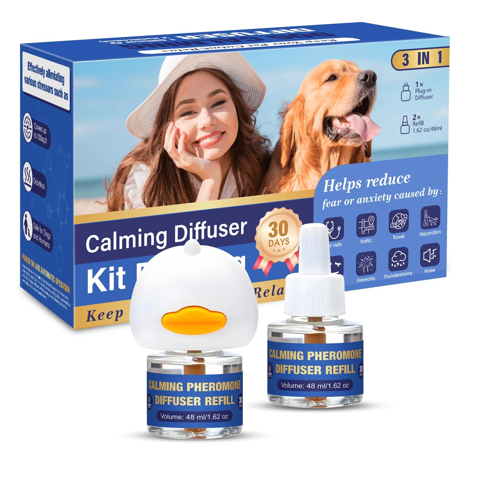 Dog Pheromone Calming Diffuser: Relaxing Pheromone Diffuser for Dogs Relief Stress Anxiety Fighting Scratching Barking, Dog Calming Pheromone Diffuser Kit with 1 Plug in Diffuser+2 Refill 48ml (3in1)