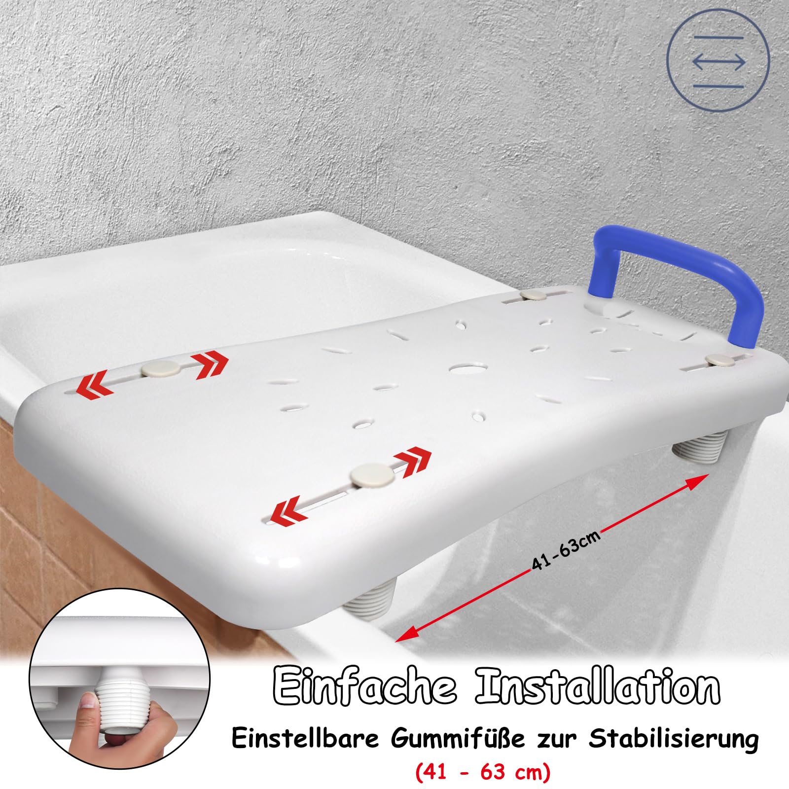 NAIZY - Sedile per vasca da bagno, 70x31 cm, per anziani e adulti, 41-63 cm regolabili, sedile per vasca in PP, MAX. 150 kg, colore: Blu con maniglia