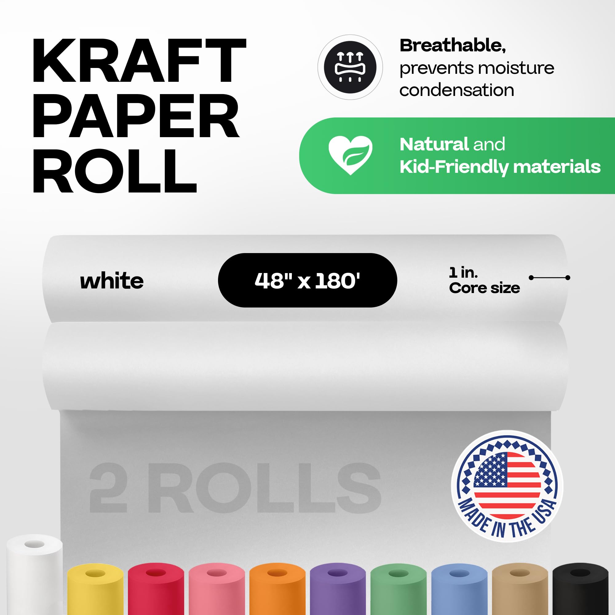 Rollos de papel blanco de 48 x 2160 pulgadas, paquete de 2 – Papel kraft blanco de calidad fabricado en Estados Unidos de 50 libras de grosor para embalaje, envío, manualidades/artes, material de
