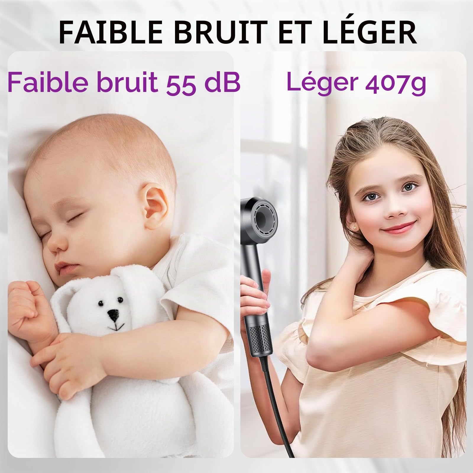Sèche Cheveux Professionnel Portable 160 000 tr/min Seche Cheveux Ionique avec 5 Milliards d'Ions Négatifs 4 Températures & 3 Vitesses, Faible Bruit Diffuseur Magnétique et Buse Inclus