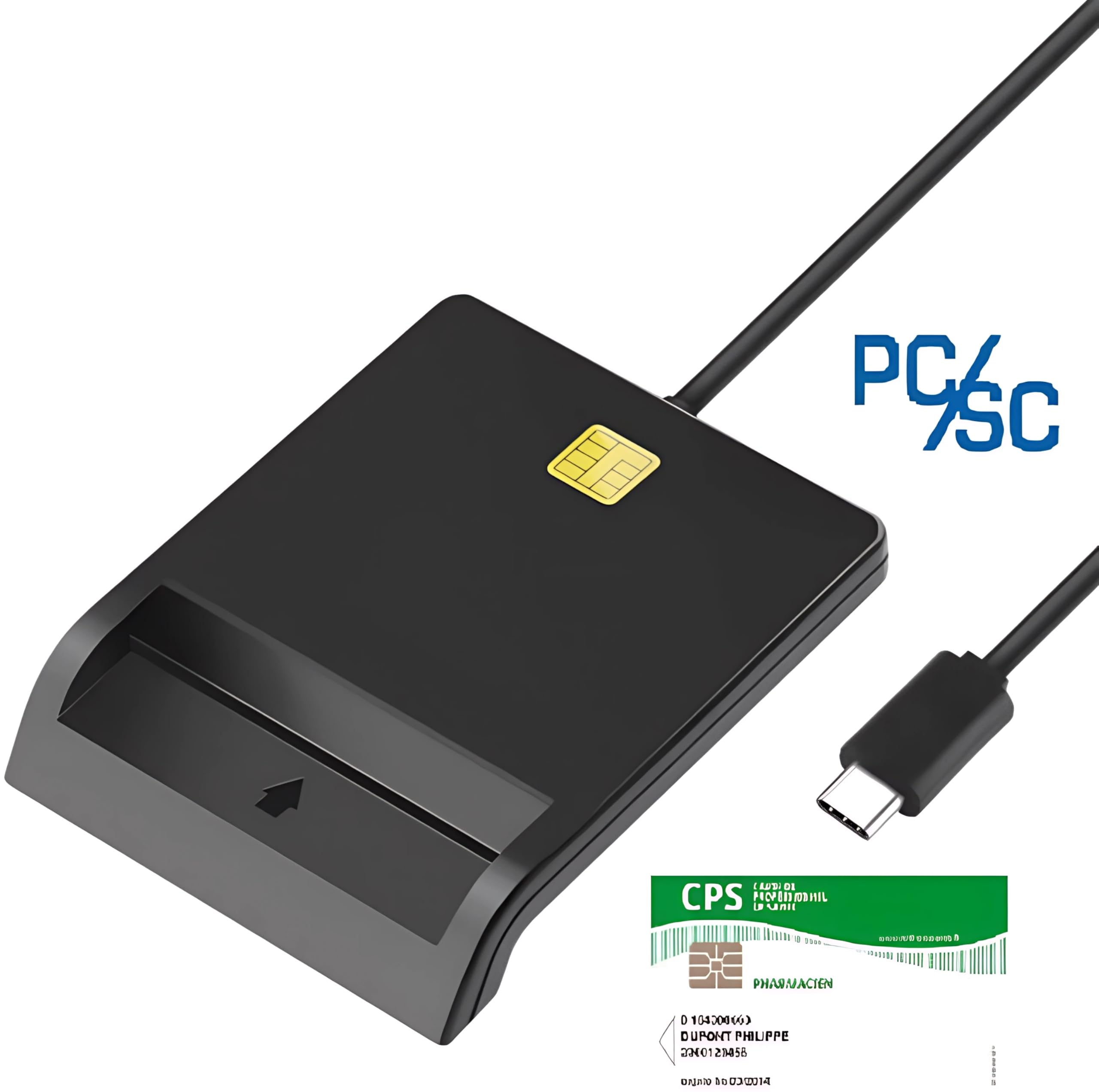 DCR1 Lecteur Carte CPS (Carte Professionnel de santé) PC SC Carte Vitale monofente, Compatible Tout Logiciel Plug and Play - USB A USB C - Compatible Windows/Mac