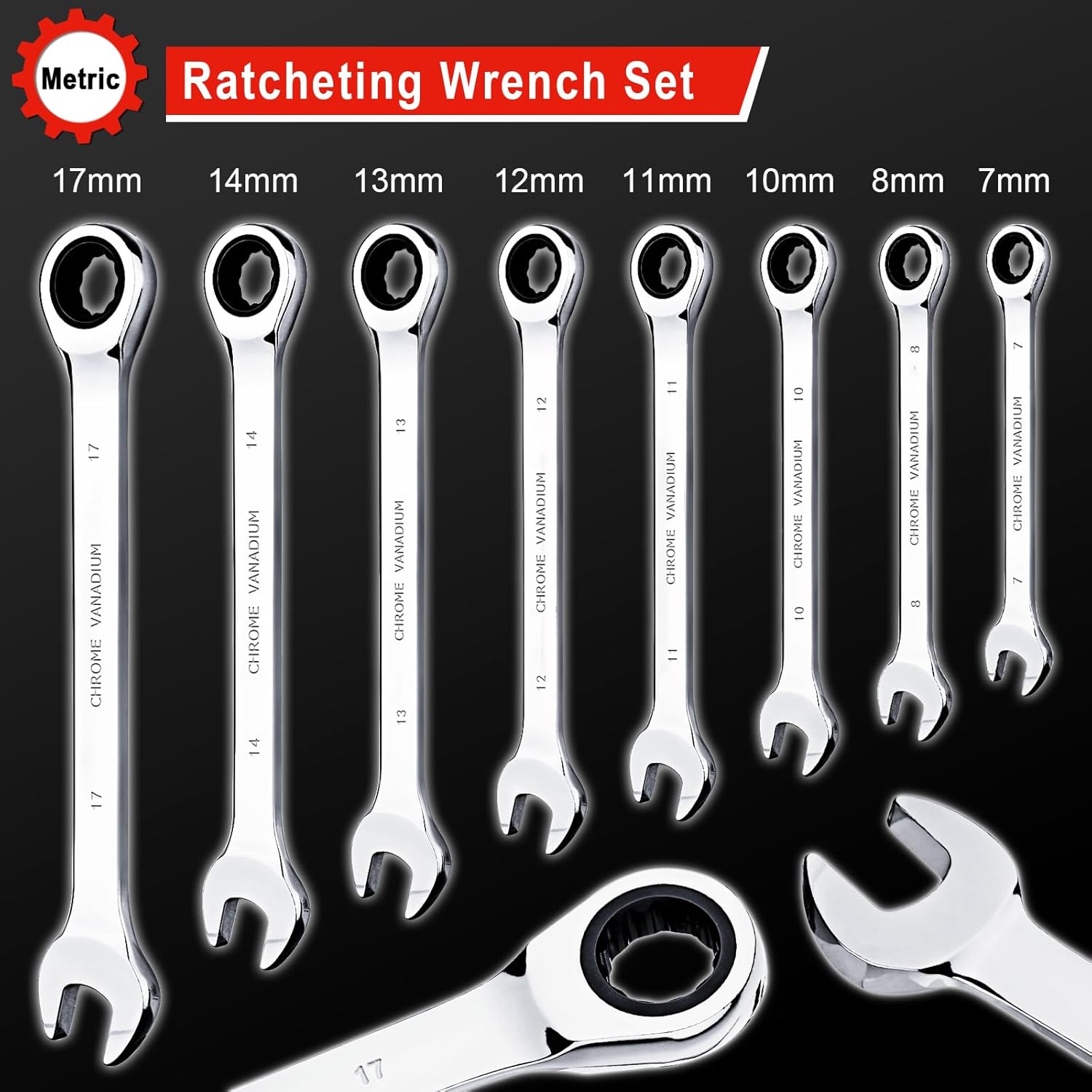 Egofine 8-Piece Ratcheting Wrench Set, Cr-V Steel Mertic Wrench Set from 7mm to 17mm wrench, 72 Teeth Ratchet Wrench, 12 Point Open End & Box End Combination wrench set with Roll Up Pouch