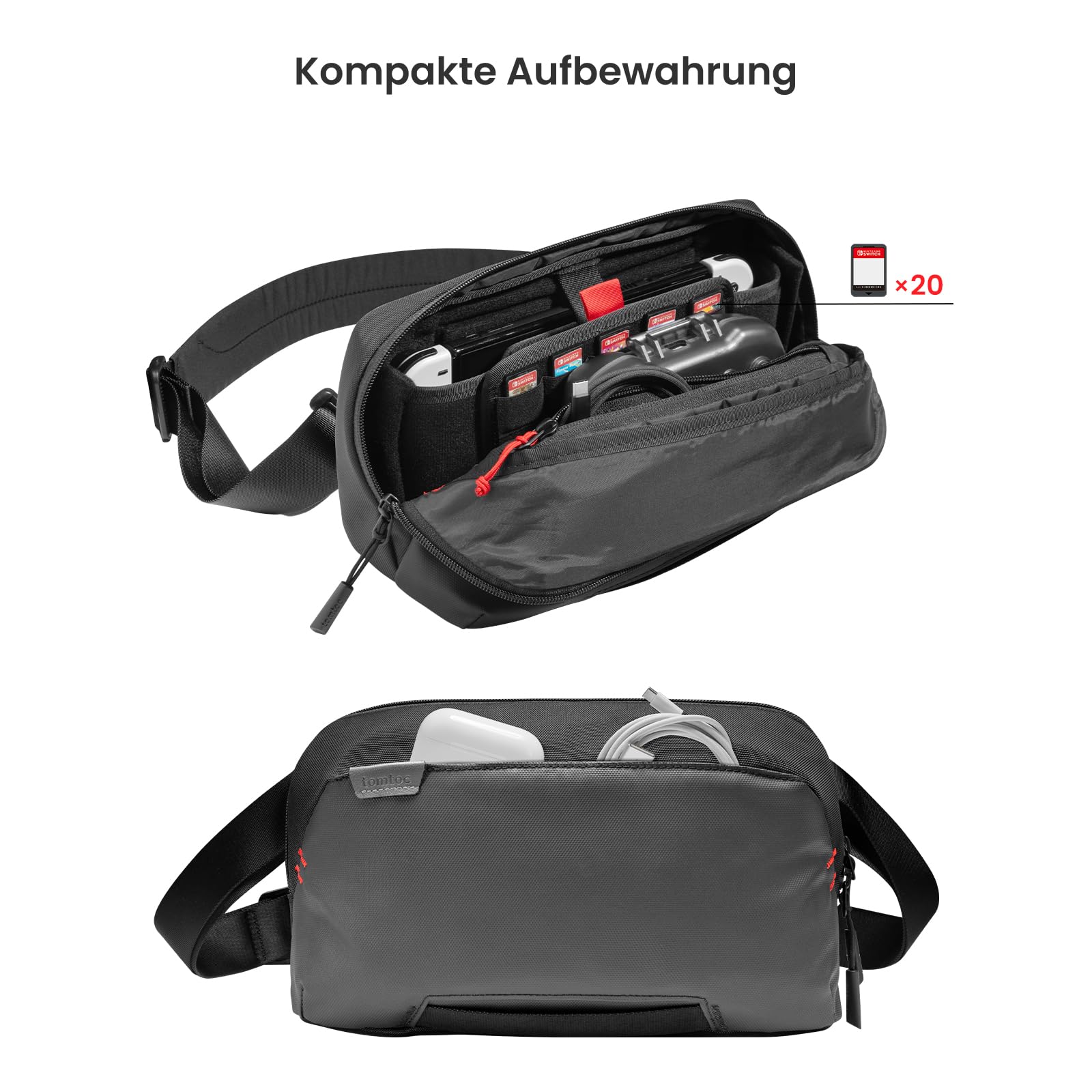tomtoc Tragetasche Schultertasche für Nintendo Switch/Switch OLED, Rundumschutz Umhängetasche Sling Bag mit 20 Spielkassetten