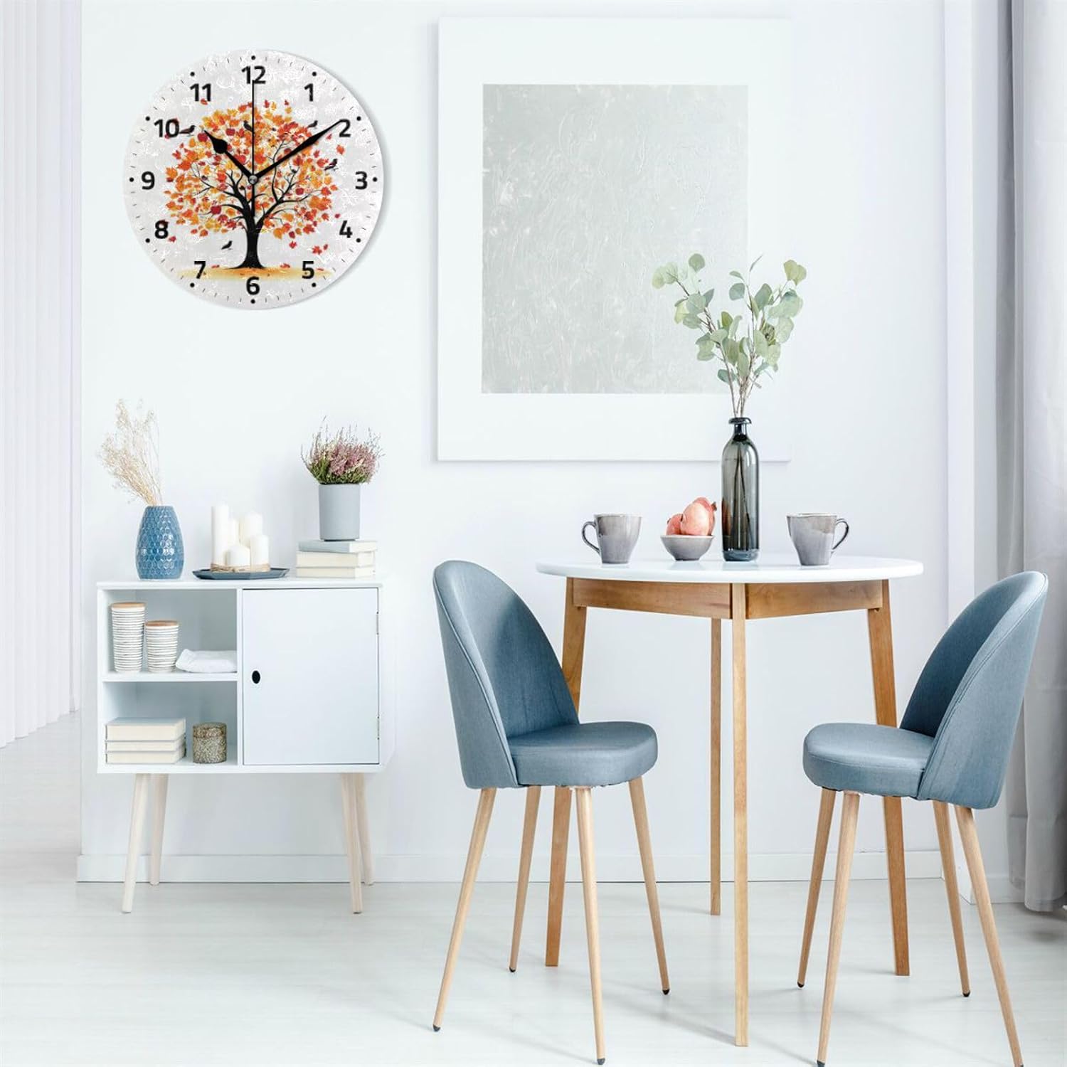 Vdsrup Bright Fall Leaves Wall Clock Autumn Maple Tree Round Clock Silent Non Ticking Decorative 9.5 Inch Battery Operated Quartz Analog Quiet Desk Clock for Kitchen,Home,Office,School