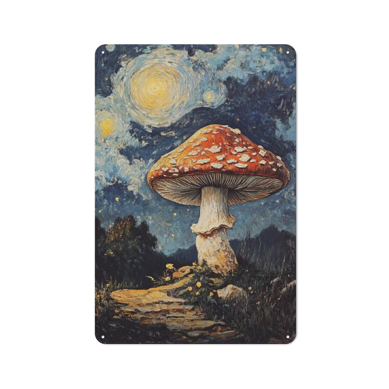 Junmoney Mushroom Under Starry Night Cottage Metal Wall Decor 30X20cm, Shed Metal Sign For Patio Bar, Workshop, Shed Or Kitchen
