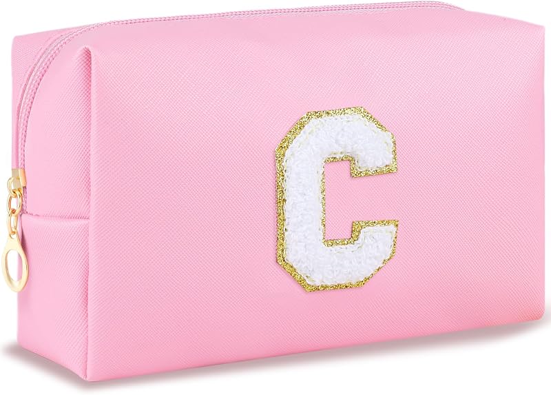 Necessaire de maquiagem URSKYTOUS com inicial, zíper e acabamento em couro sintético, Pink C