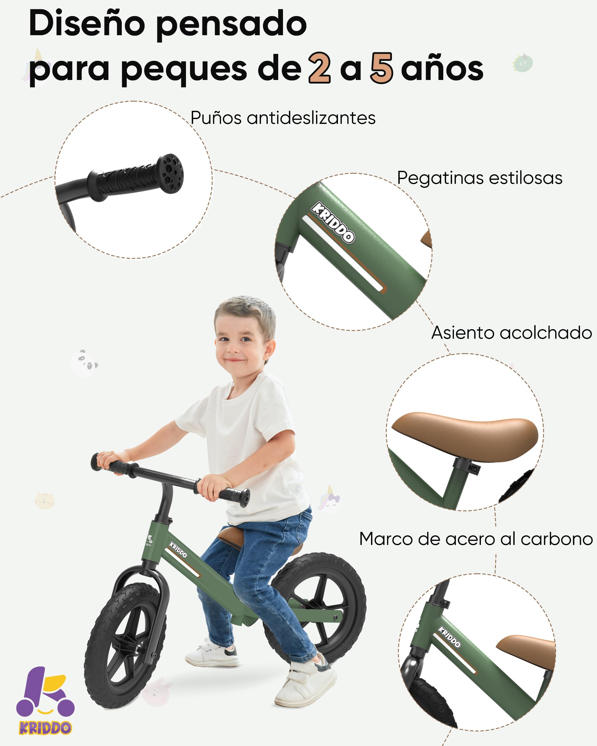 KRIDDO Bici sin Pedales para Niños de 2 a 5 Años, Sillín Ajustable