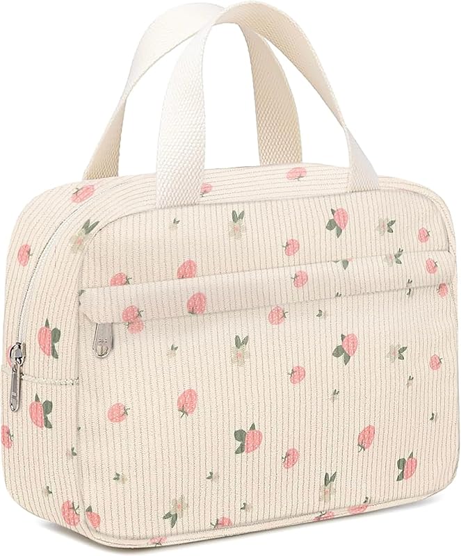 Necessaire Chicarries em veludo cotelê com zíper, estampa de morangos rosa, MM002 - 1 unidade