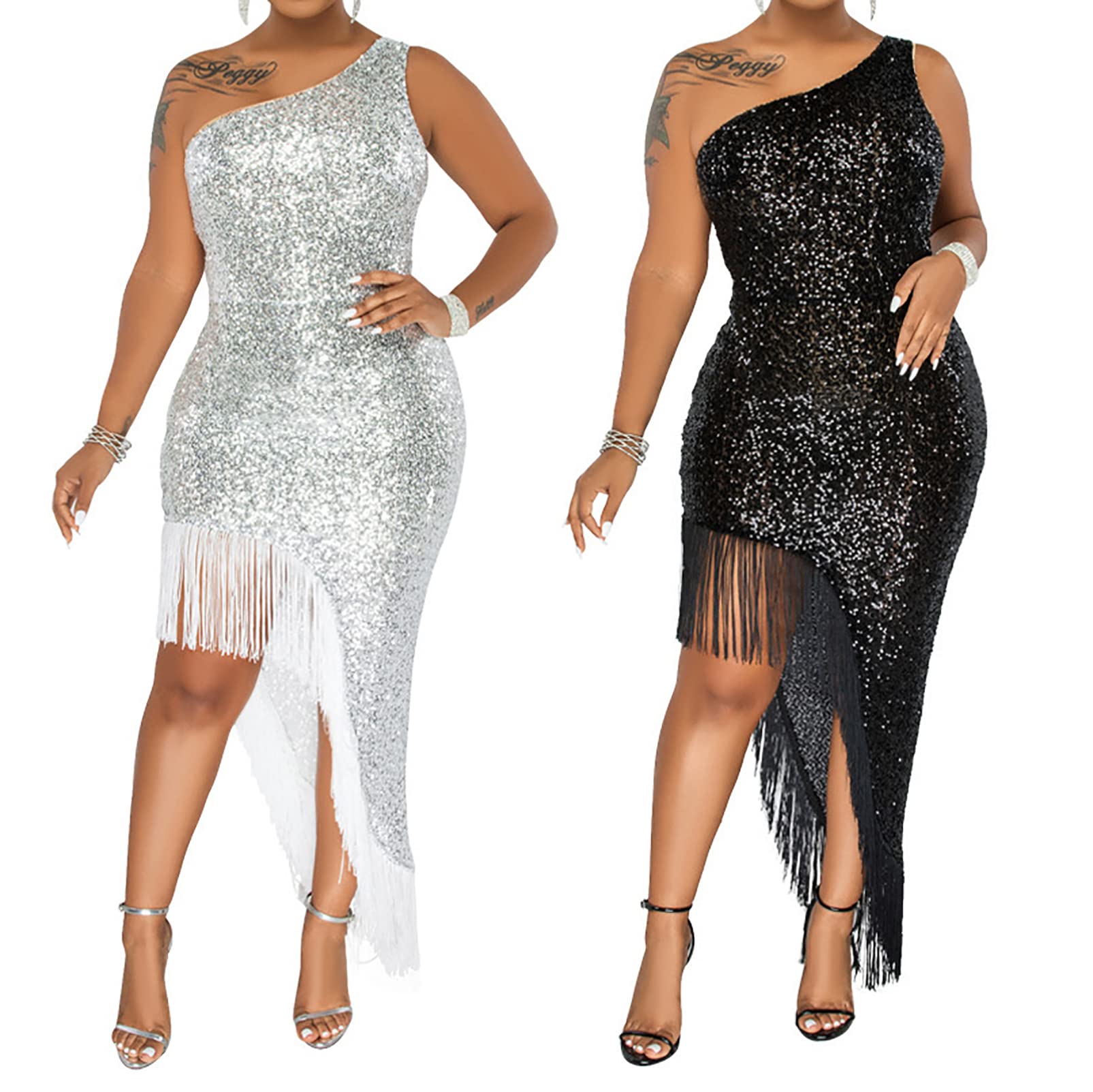 CUTTE Vestido de Noche para Mujer Fiesta de Club Nocturno Falda con Flecos Un Solo Hombro Sin Mangas Lentejuelas con Cuentas Vestidos de Fiesta de Verano Vestidos