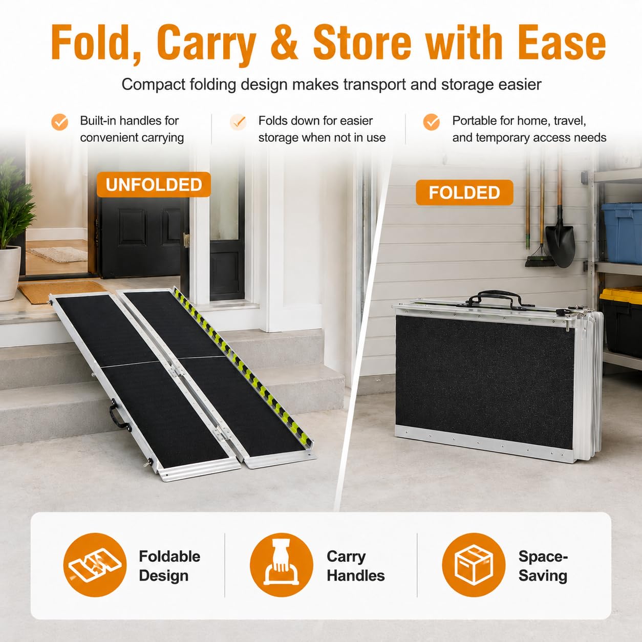 Rampa per sedia a rotelle, 90 cm, in alluminio, antiscivolo, pieghevole, portatile, per sedia a rotelle, per gradini di casa, scale, porte, scooter