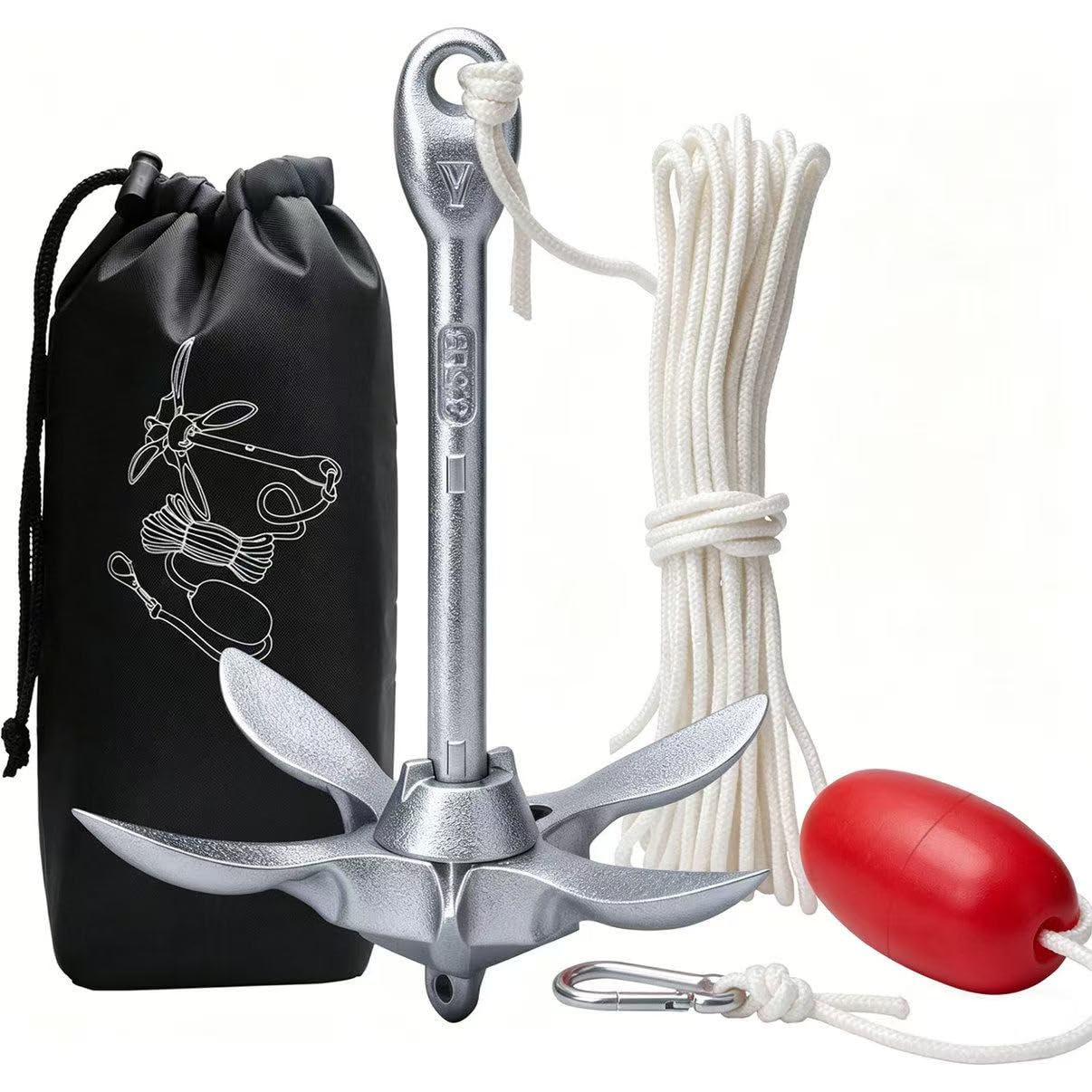 Faltklappanker Anker Klappanker 1.5 kg - Bootsanker Set mit 20 m Ankerleine - SUP Anker faltbar mit Boje und Tasche - Boot Anker für Kajak Kanu Schlauchboot Jetski - Feuerverzinkter Karbonstahl