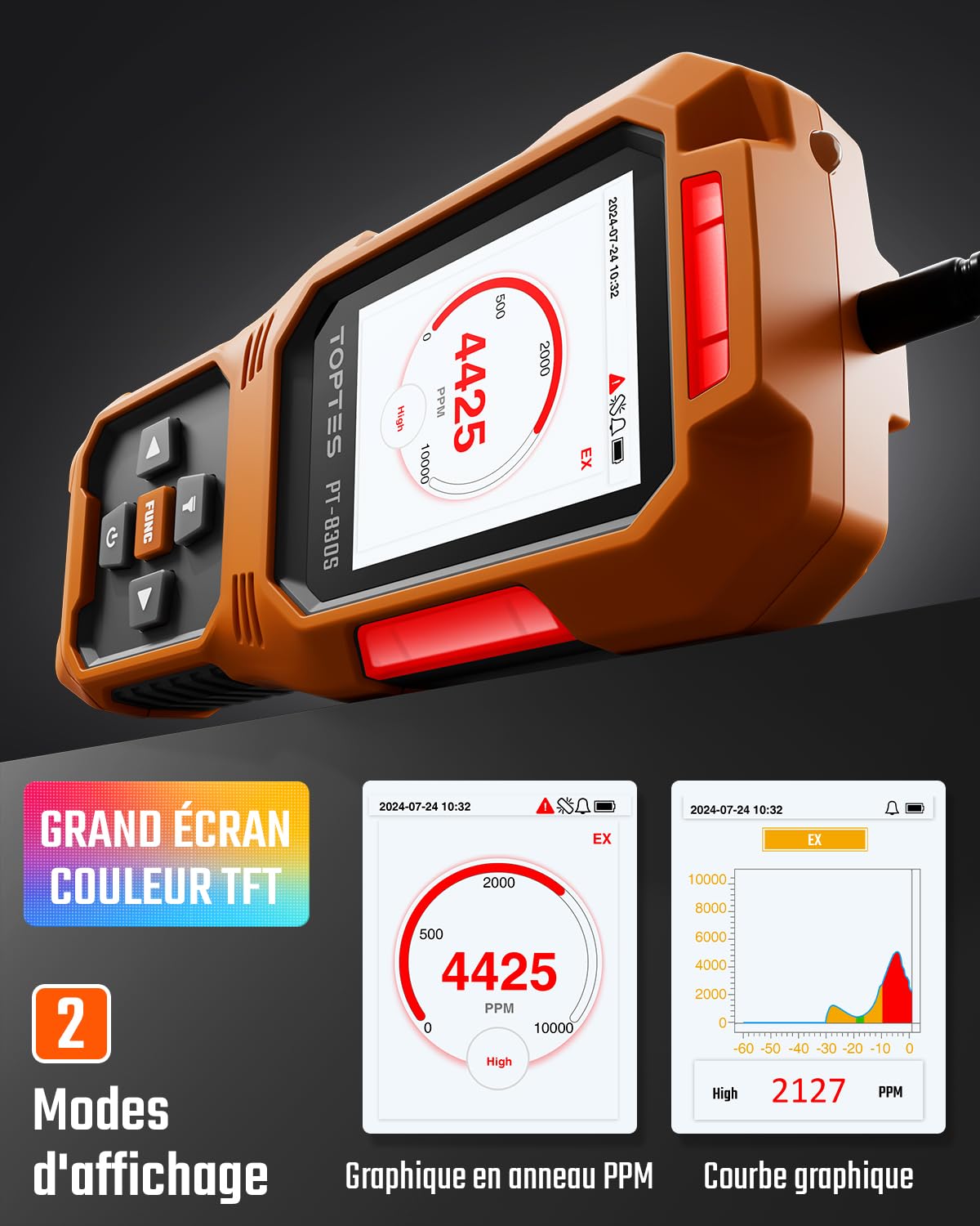 TopTes PT-830S Détecteur de Gaz Rechargeable avec Une Sonde de 36,8cm, Plage 0-10000 ppm, Écran Couleur TFT avec 3 Types d'Alarme, Détecteur de Fuite de Gaz pour Le Propane, Méthane, pour für Maison
