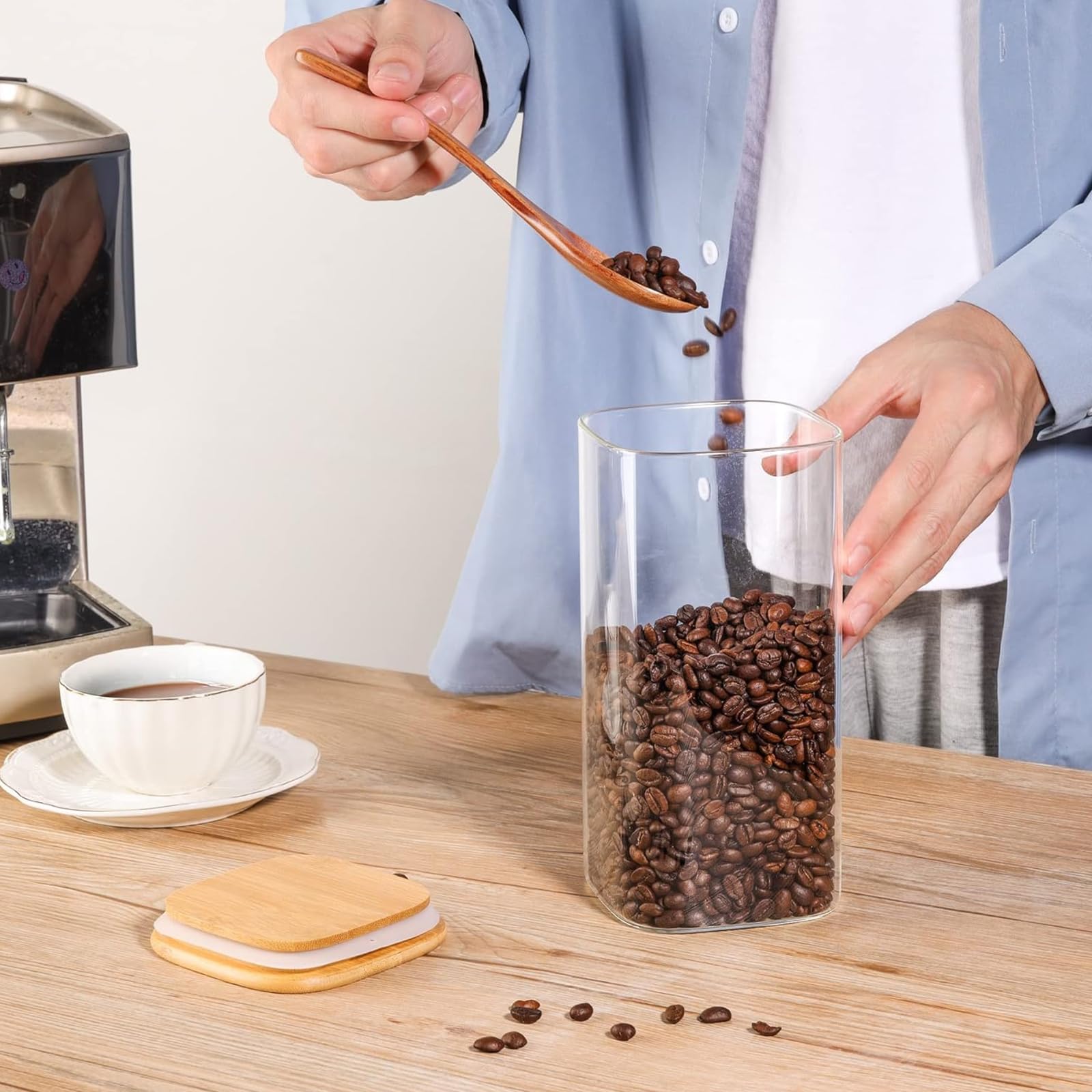 4 Pezzi Barattoli per Alimenti con Coperchio, 1500ml Barattoli in Vetro con Coperchio Ermetici, Contenitori in Vetro Angolari con Coperchi in Bambù, Barattoli per la Conservazione in Cucina per