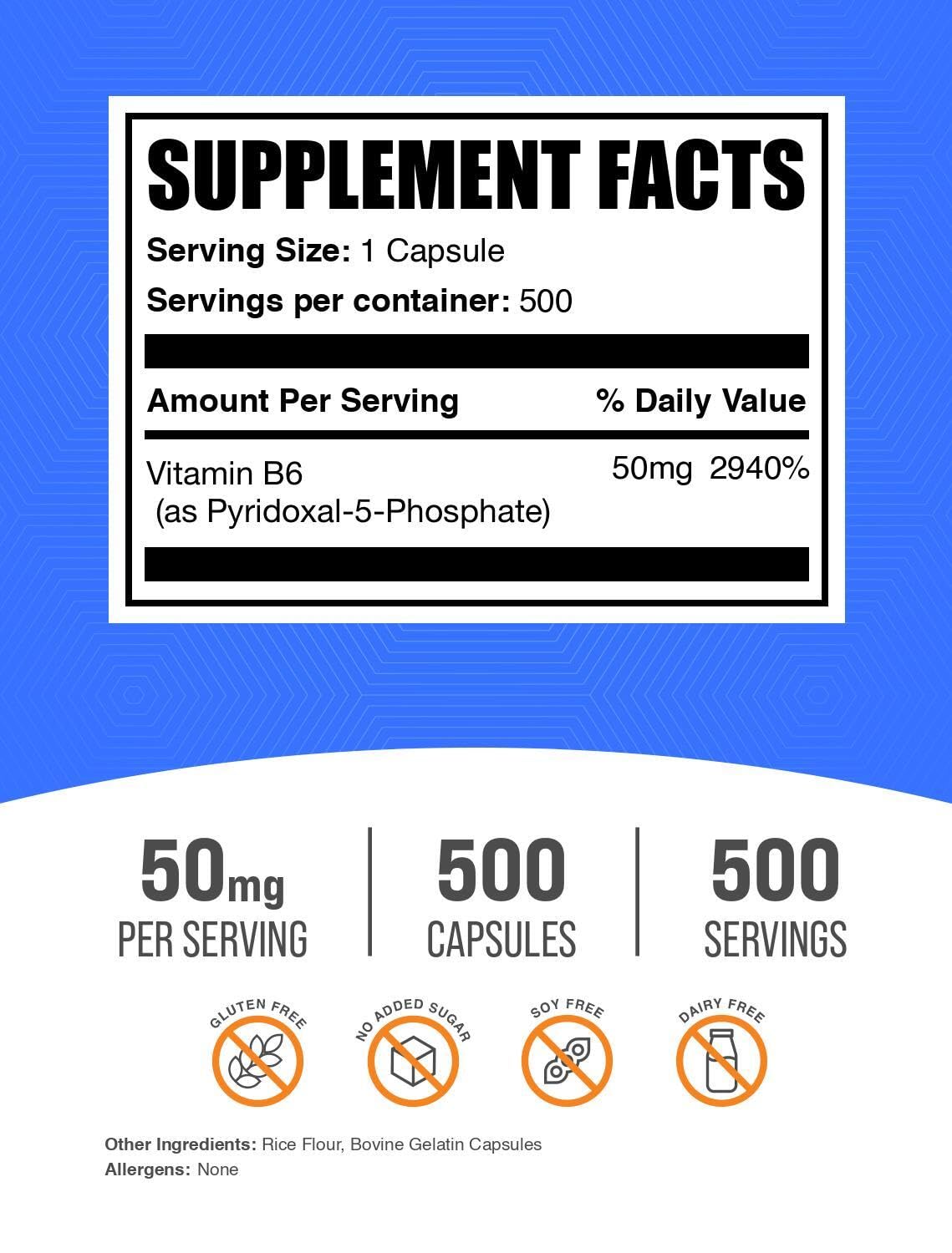 BulkSupplements.com Pyridoxal 5 Phosphate Capsules - P5P Supplement, Vitamin B6 Supplement - Essential & Gluten Free, 1 Capsule per Serving, 50mg Serving, 500 Count (Pack of 1) — Amazon image 2
