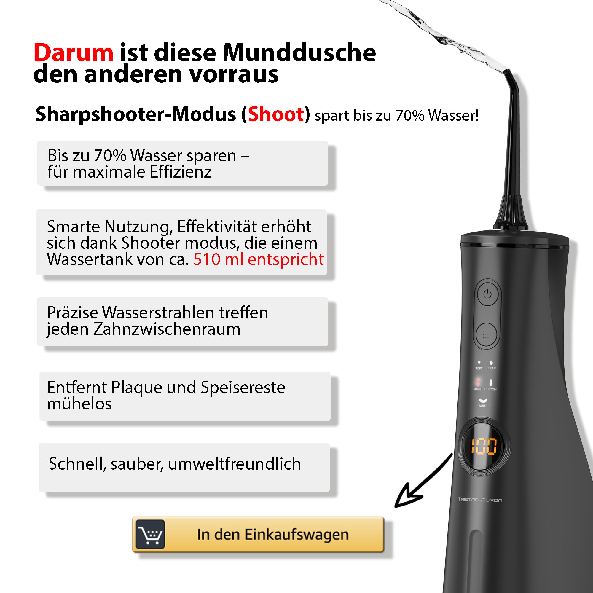 Tristan Auron Munddusche – 2 Ersatzdüsen und Reisetasche, 5 Modi, 8 Druckstufen inkl. Shoot Modus, 300ml Tank, LCD Display, USB-C Schnellladung, IPX7 - ProJet Water Flosser