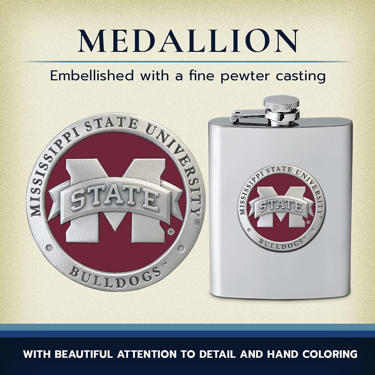 Heritage Pewter Mississippi State Bulldogs Flask | 8 Ounce Liquor Flask Container - Stainless Steel | Intricately Crafted Metal Pewter Alma Mater Inlay