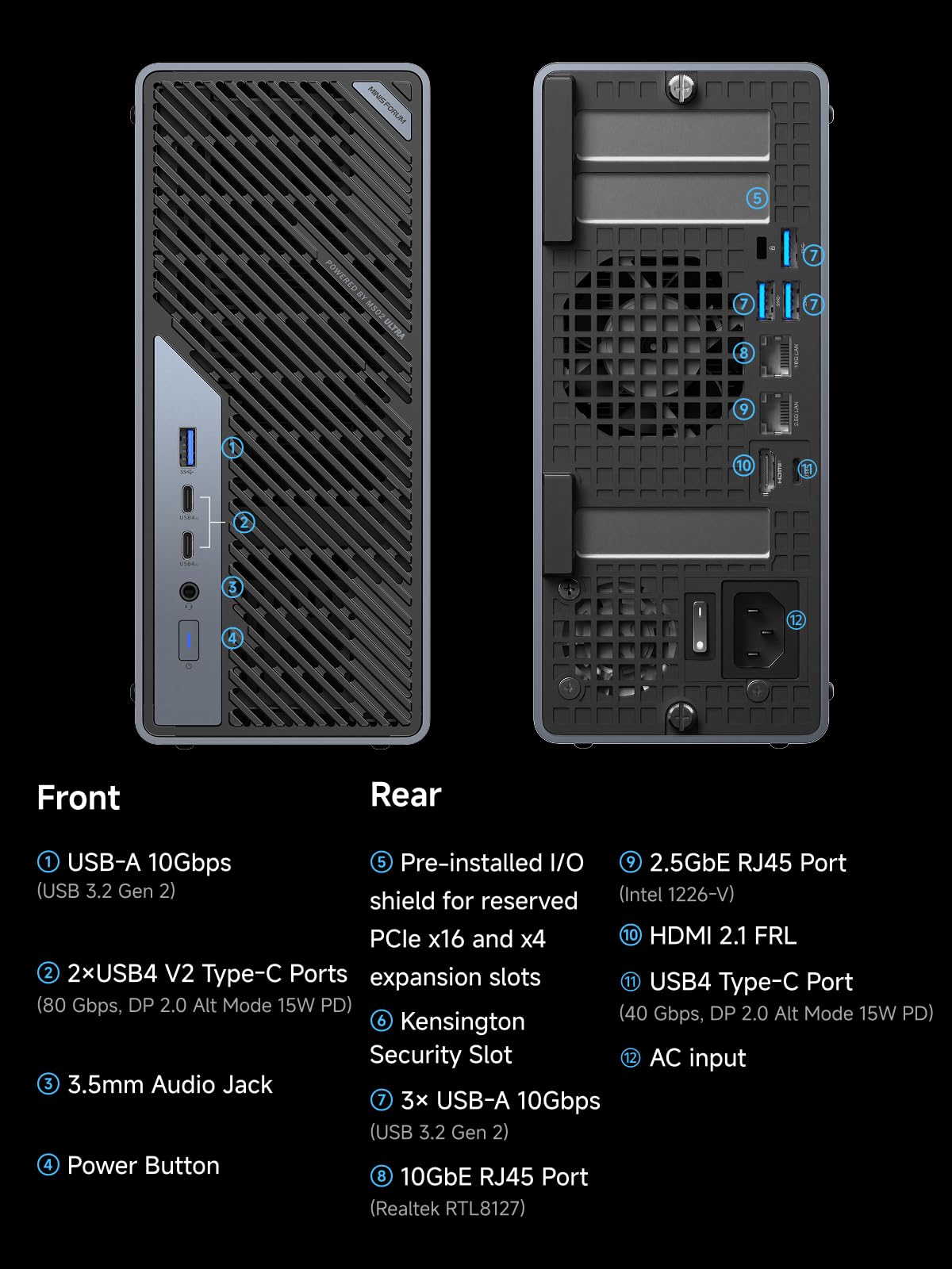MINISFORUM MS-02 Ultra Workstation Mini PC, Intel Core Ultra 5 235HX (14 núcleos/14 Hilos, hasta 5.1GHz), PCIe 5.0 x16, 4× DDR5, USB4 v2, 10GbE + 2.5GbE (vPro), Wi-Fi 7, Barebone sin RAM/SSD — view 8