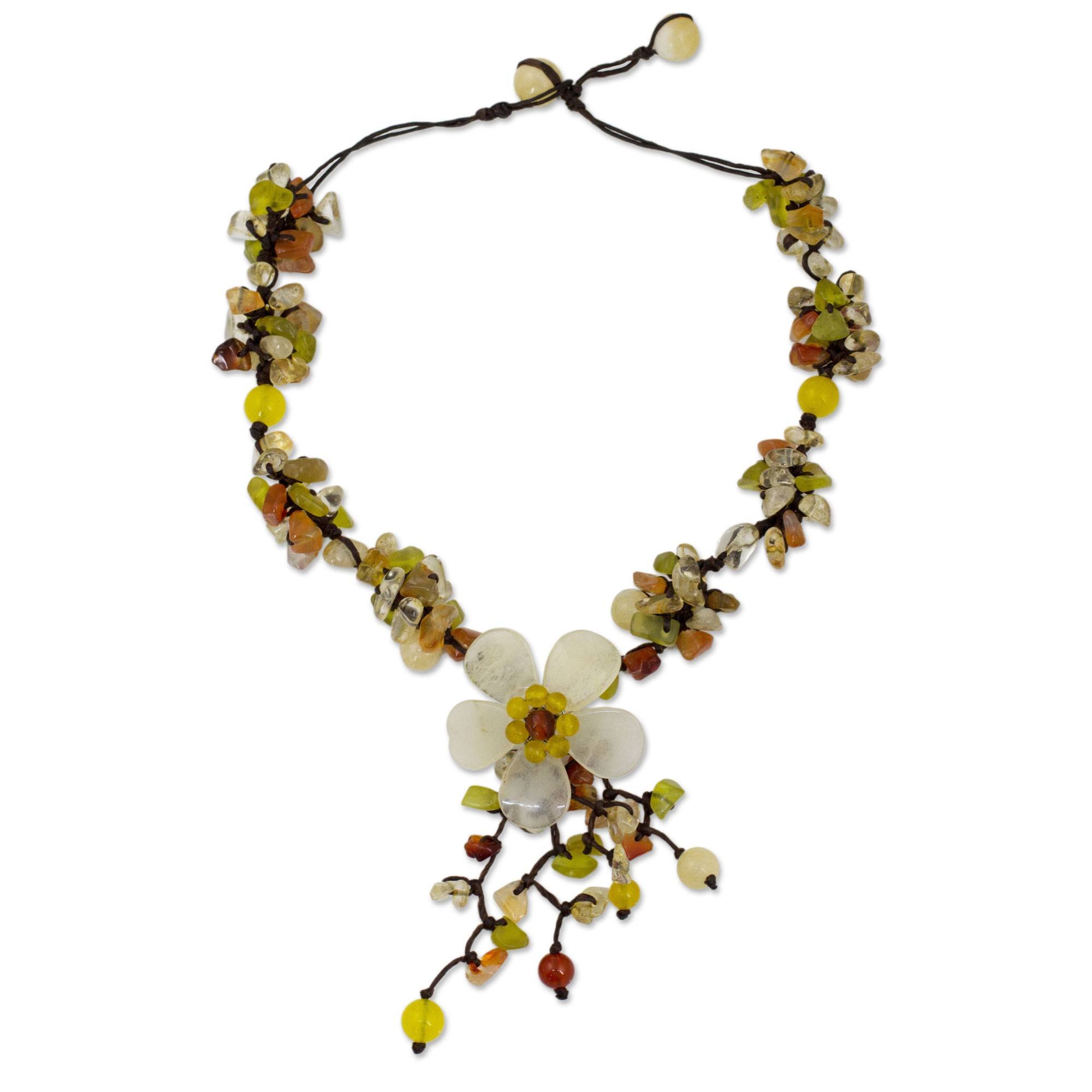 NOVICAArtisan Handmade Quartz Carnelian Flower Necklace Fair Trade Floral Beaded Serpentine Multigem Multicolor Pendant Thailand Birthstone [necklace 15.25 in min L x 16.5 in max L x 0.8 in W Penda]