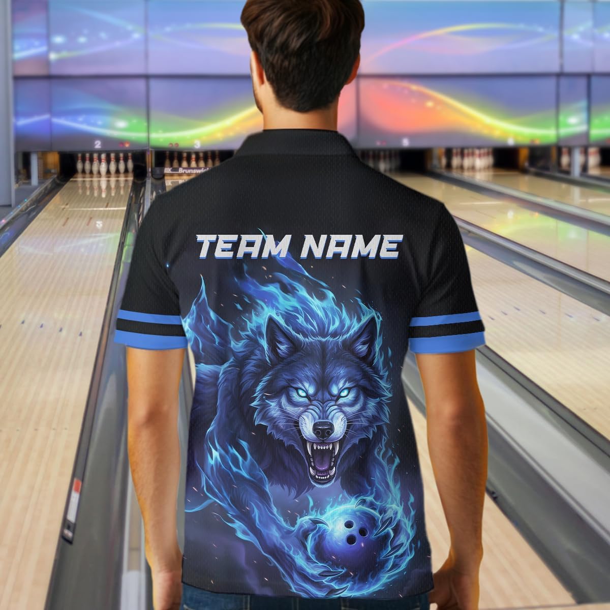 Flaming Wolf Bowling Shirts for Men Women Custom Blue Bowling Jersey Team Bowling Polo and 1/4 Zip Bowling Shirt